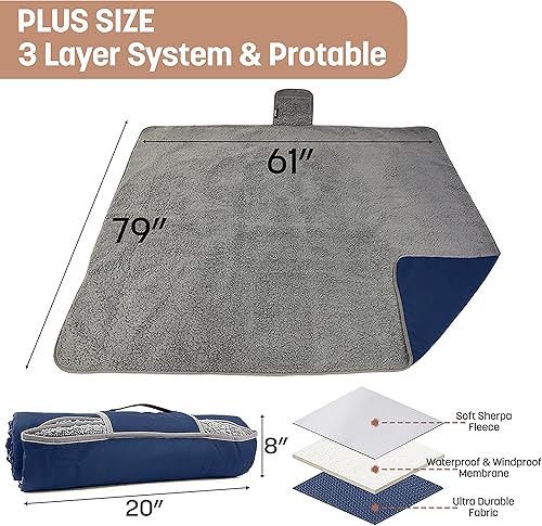 Miniatura 4 de Tirrinia - Manta impermeable para exteriores con forro de lana Sherpa, resistente al viento, triple capa, abrigada, cómoda, plegable para acampar,