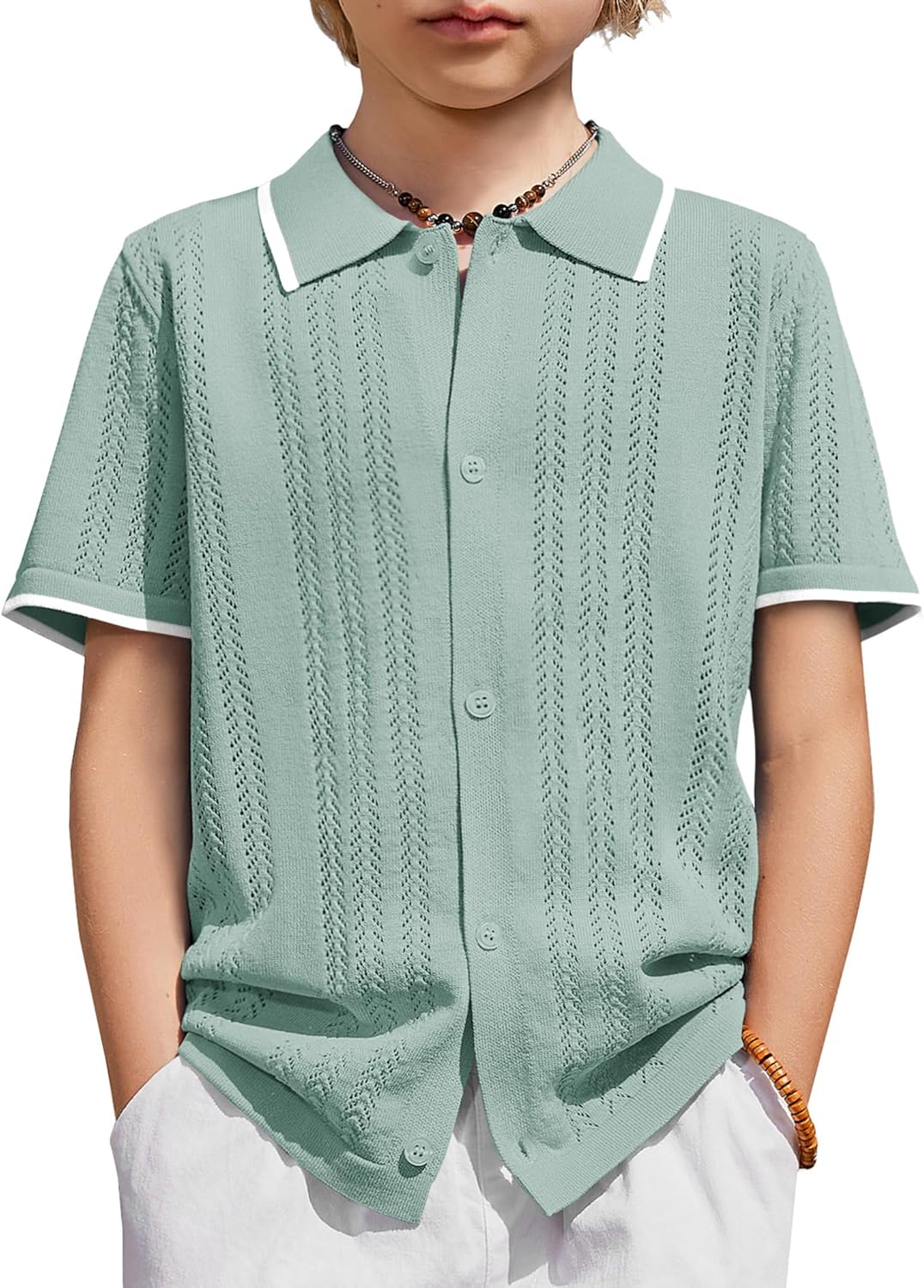 Arshiner Boys Button Down Shirt Short Sleeve Knit Shirt Summer Vintage Fashion Casual Beach Shirts for Kids 3-14 Years