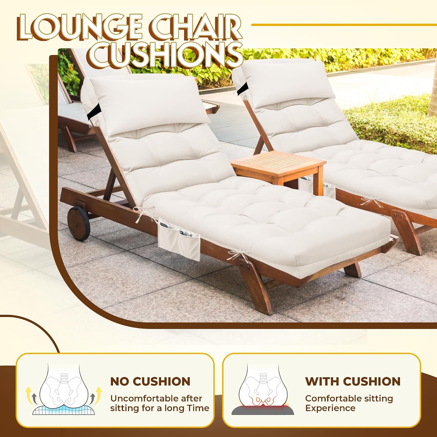 Outdoor Chaise Lounge Chair Cushion, Waterproof Outdoor Chair Cushions for Patio Furniture, 71 x 21 x 4 Inches Replacement Chaise Lounge Cushion with Ties (Cream)