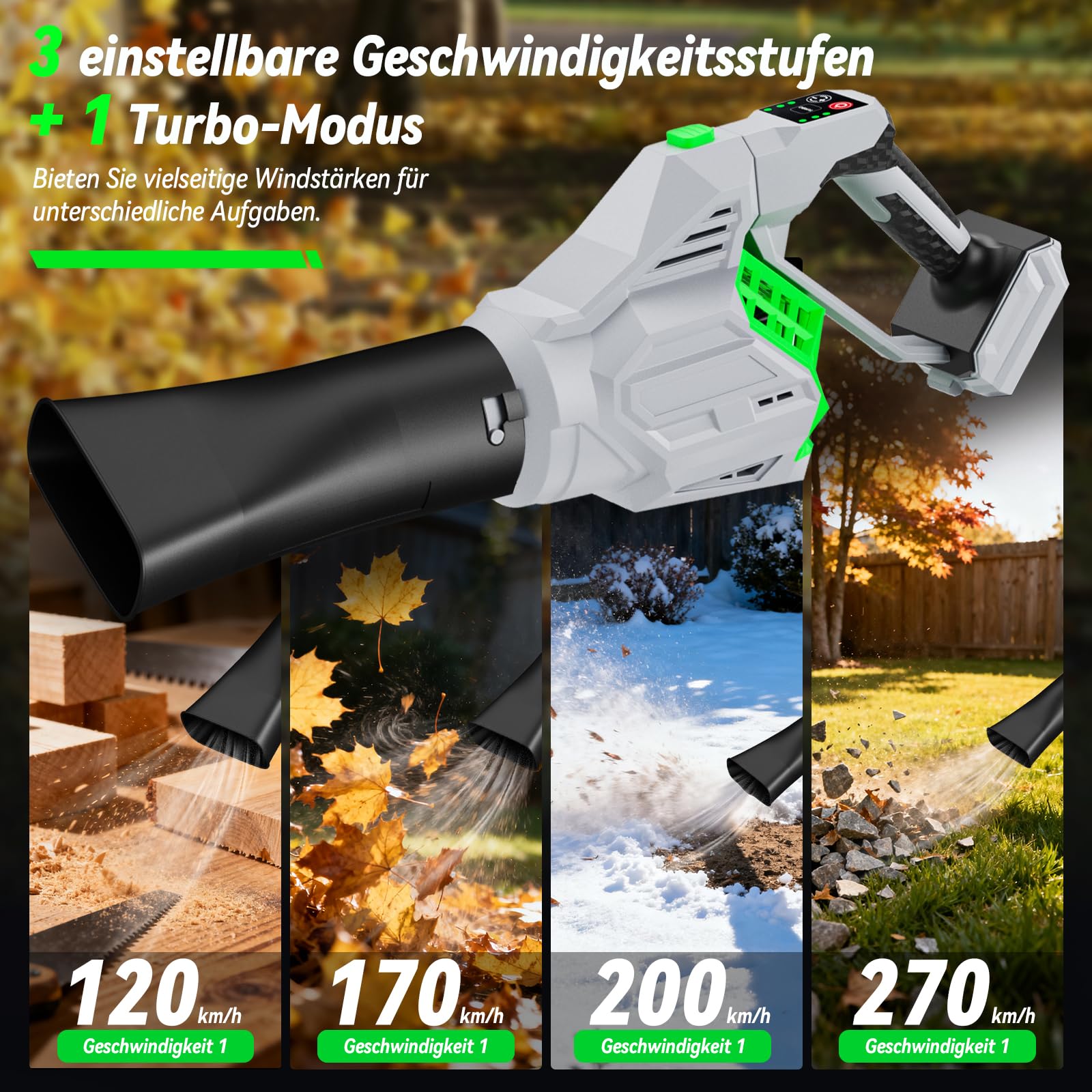 Soffiatore per Foglie Senza Fili 270 km/h, Batteria 9000 mAh con Caricabatterie, 20V Motore Senza Spazzole Turbo, 4 Velocità, per Giardino Prato Raccogliere Foglie Neve Polvere Auto