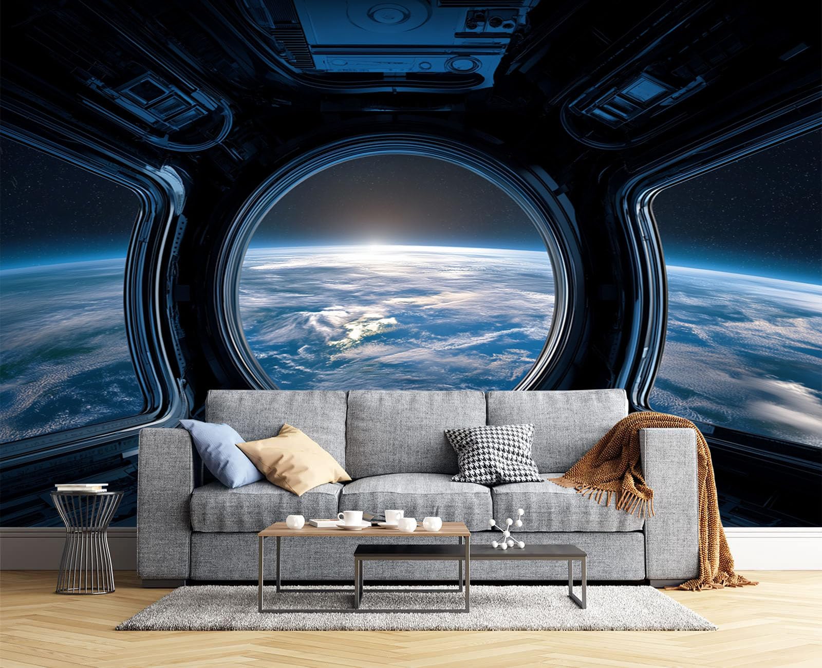 Fotomurales paisaje del universo en seda de 200x140cm papel pintado estación espacial azul cielo