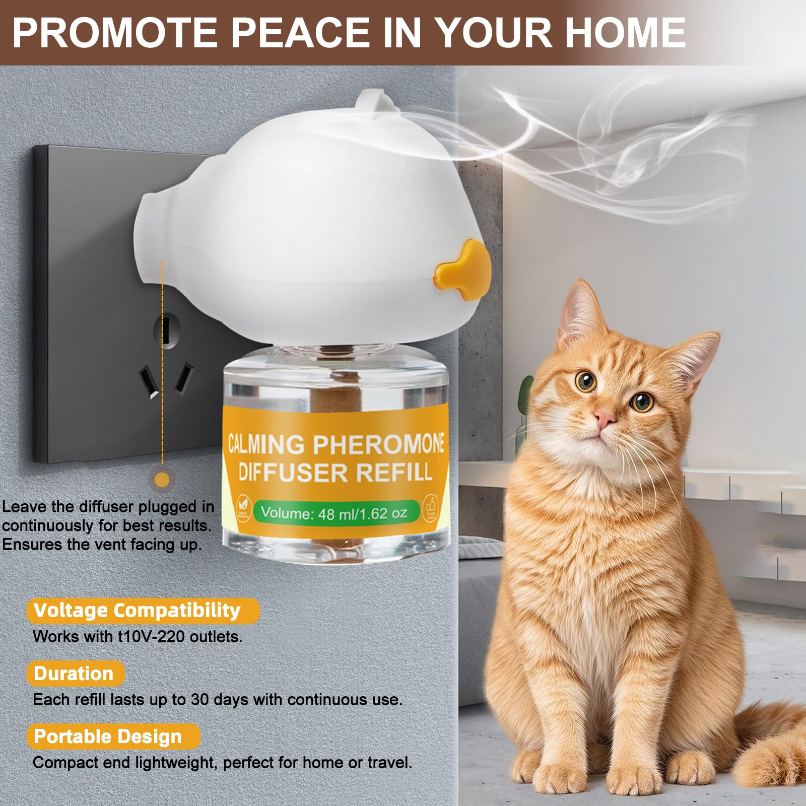 Diffuseur de phéromones apaisantes pour chats, soulage l'anxiété et le stress, diffuseur apaisant pour chats 3 recharges, réduit les combats et les griffures (3)