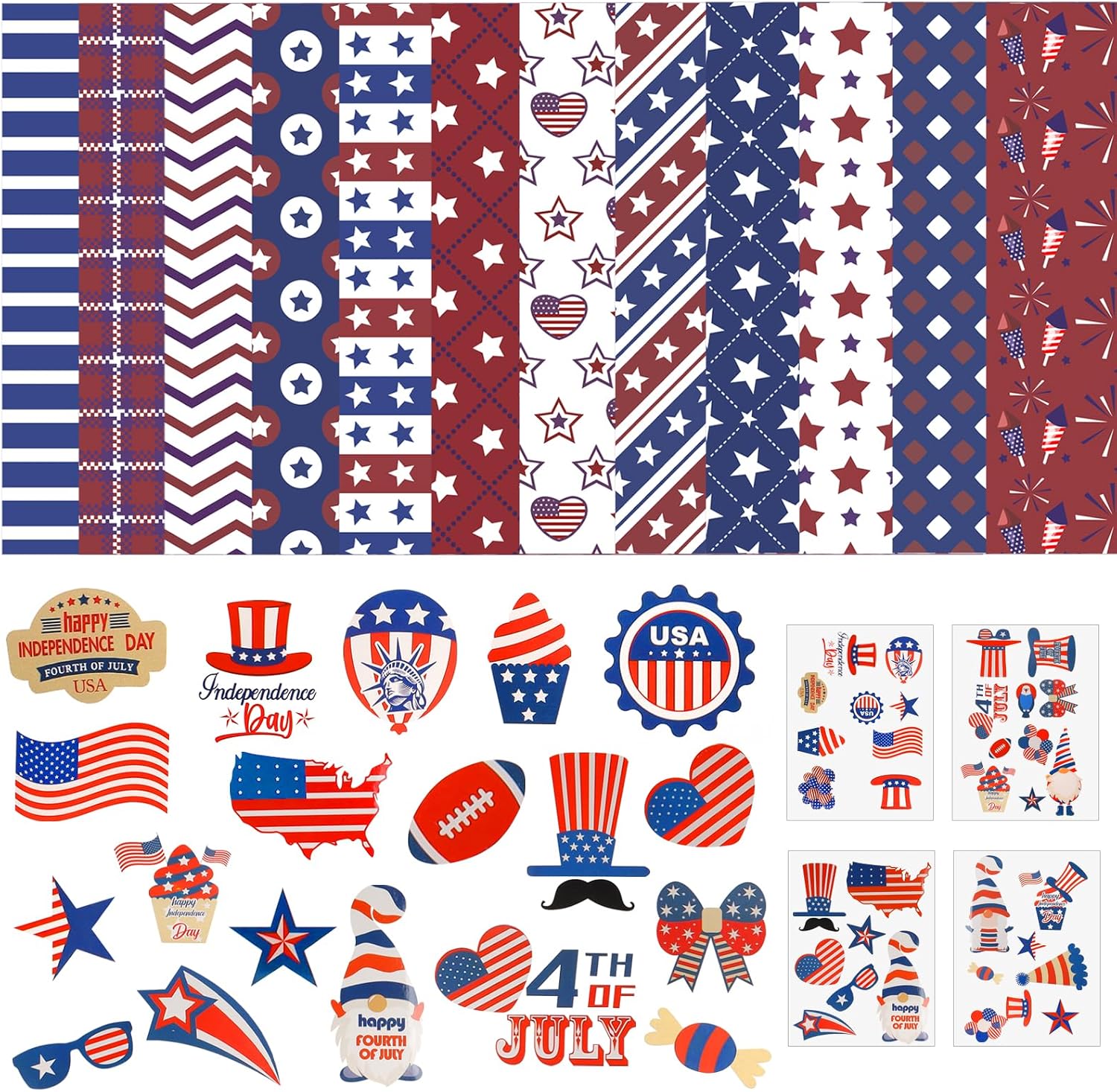 ZHAO 24 Sheets 4th of July Pattern Paper Pack Patriotic Scrapbook Craft Paper Double-Sided Origami Paper with Stickers for Independence Day DIY Scrapbook Card Making (11.8x11.8, Inches)