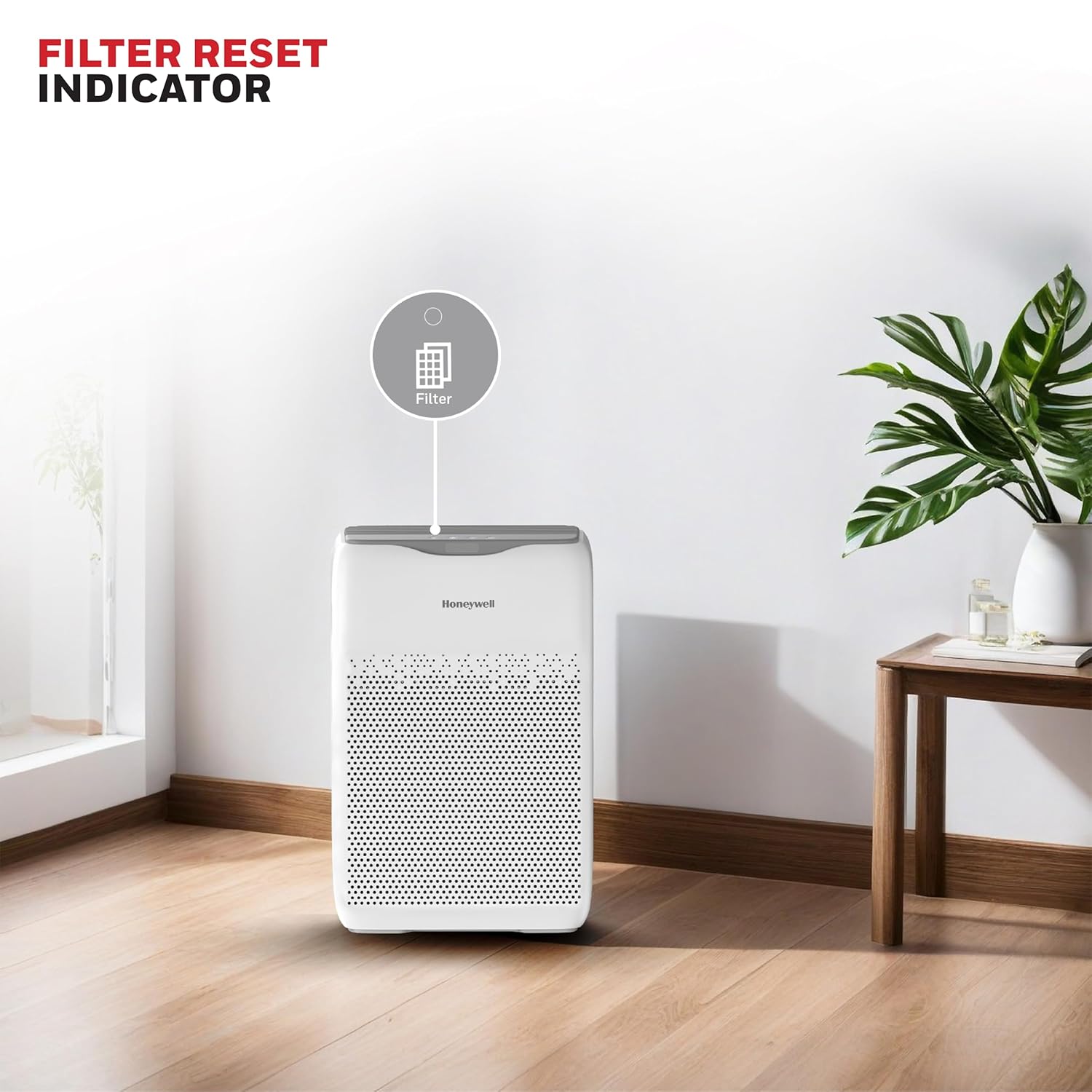 Honeywell Air Touch V2 Air Purifier with a filter reset indicator icon displayed above it.