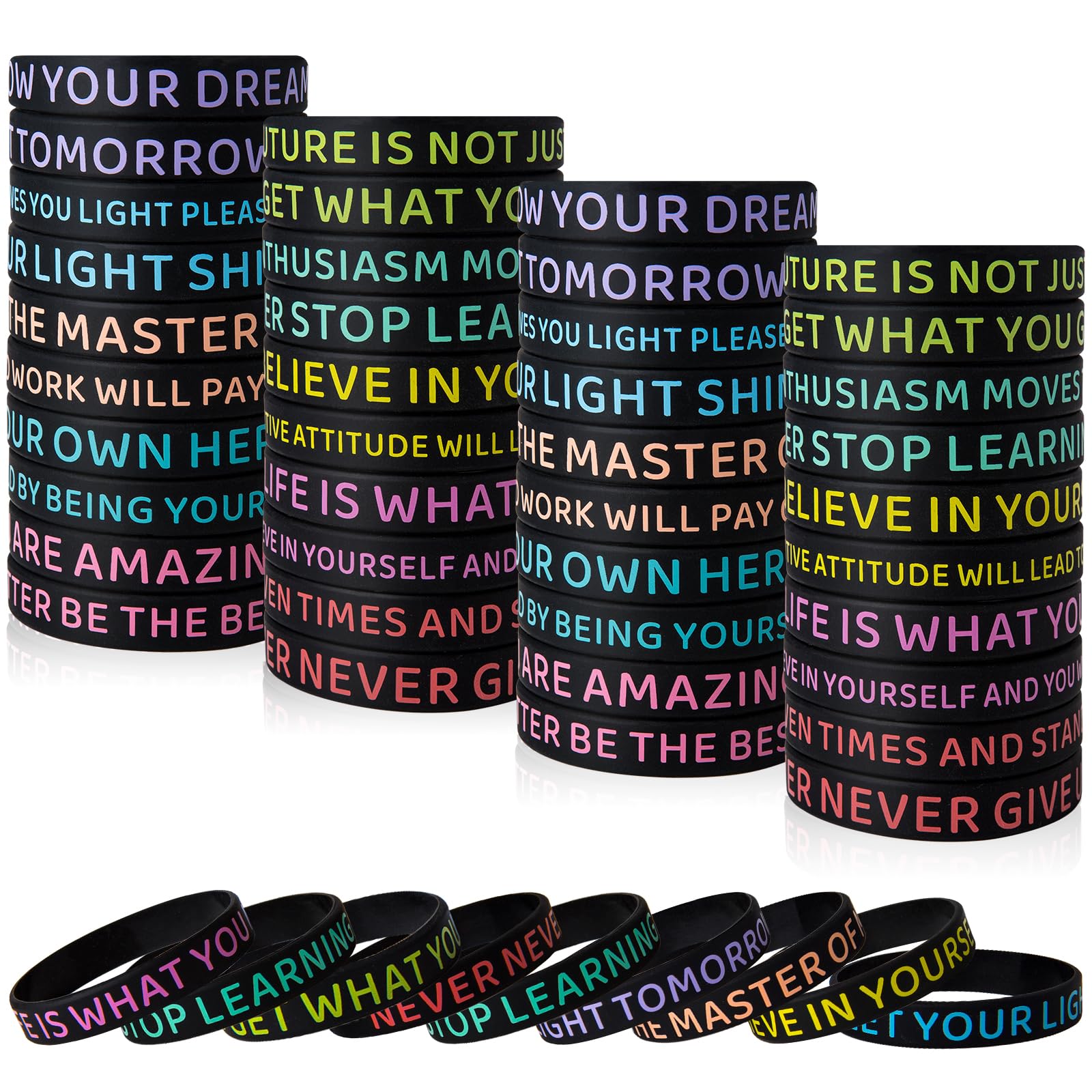 KUCLIN 60 Pieces Motivational Quote Rubber Wristbands Colored Inspirational Silicone Bracelets Stretch Unisex Wristbands for Women Men Teens Gifts, 20