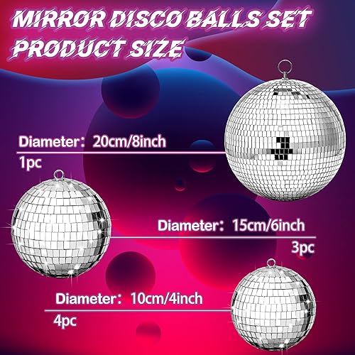 Miniatura 4 de Haull Juego de 8 bolas de discoteca grandes con espejo plateado con anillo para colgar, decoración de fiesta para escenario, club, sala de baile,