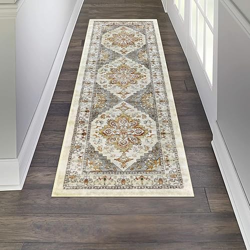 Miniatura 6 de Bsmathom Alfombra vintage de 2 x 6 pies, antideslizante, no desprende pelusa, alfombra de pasillo de lana sintética envejecida, lavable a máquina,