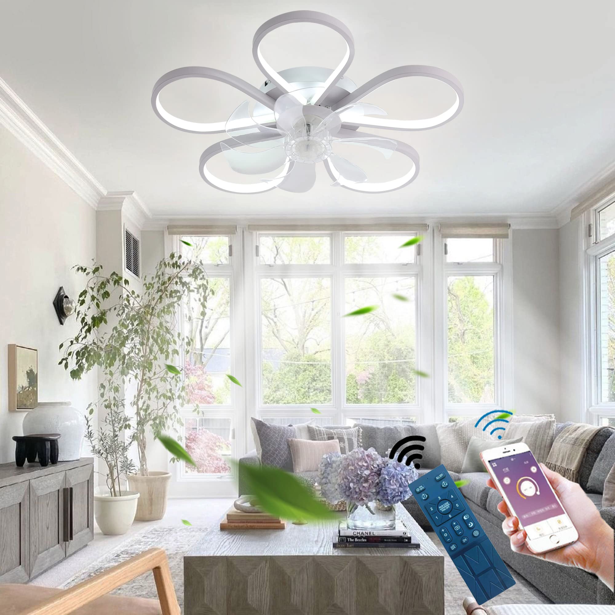 YUNZI Ventilatore da Soffitto Silenzioso con Telecomando E Ventilatore da Soffitto Regolabile A velocità del Vento APP6 Design Camera da Letto Soggiorno Grande Lampadario A Forma di Fiore-Black|A