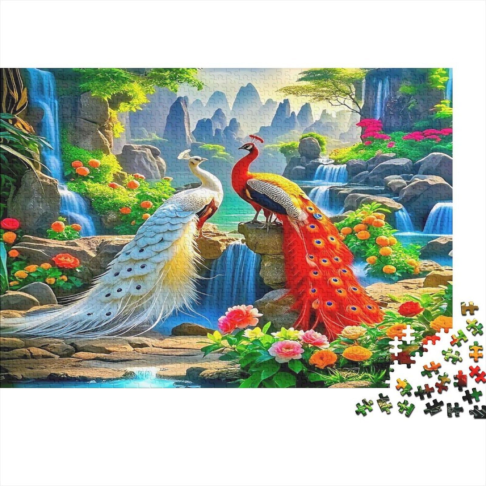 Peacock Waterfall Garden 1000 Piece Jigsaw Puzzle Paper for Adults Scenic Nature Focus Game Home Decor Stress Relief 70x50cm/1000pcs