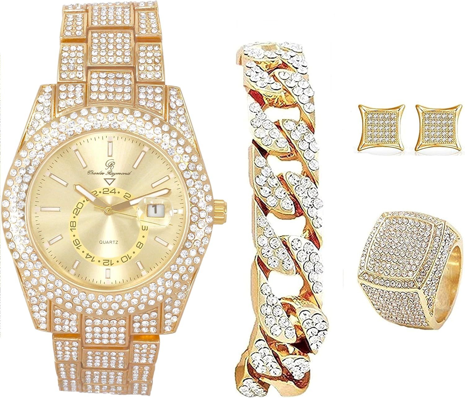 Charles Raymond Bling-ed Out It's Lit! Hip Hop Watch & Jewerly Set w/Cuban Chain Bracelet, Kite Bling Earrings & Ring - GJM13