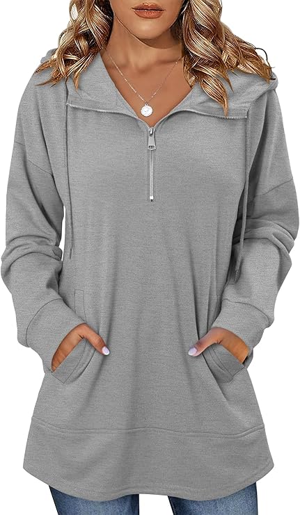 onlypuff Women Hoodie Pullover Trendy Quarter Zipper Lapel Sweatshirts Drawstring Cute Hooded Tunic Tops with Side Pockets