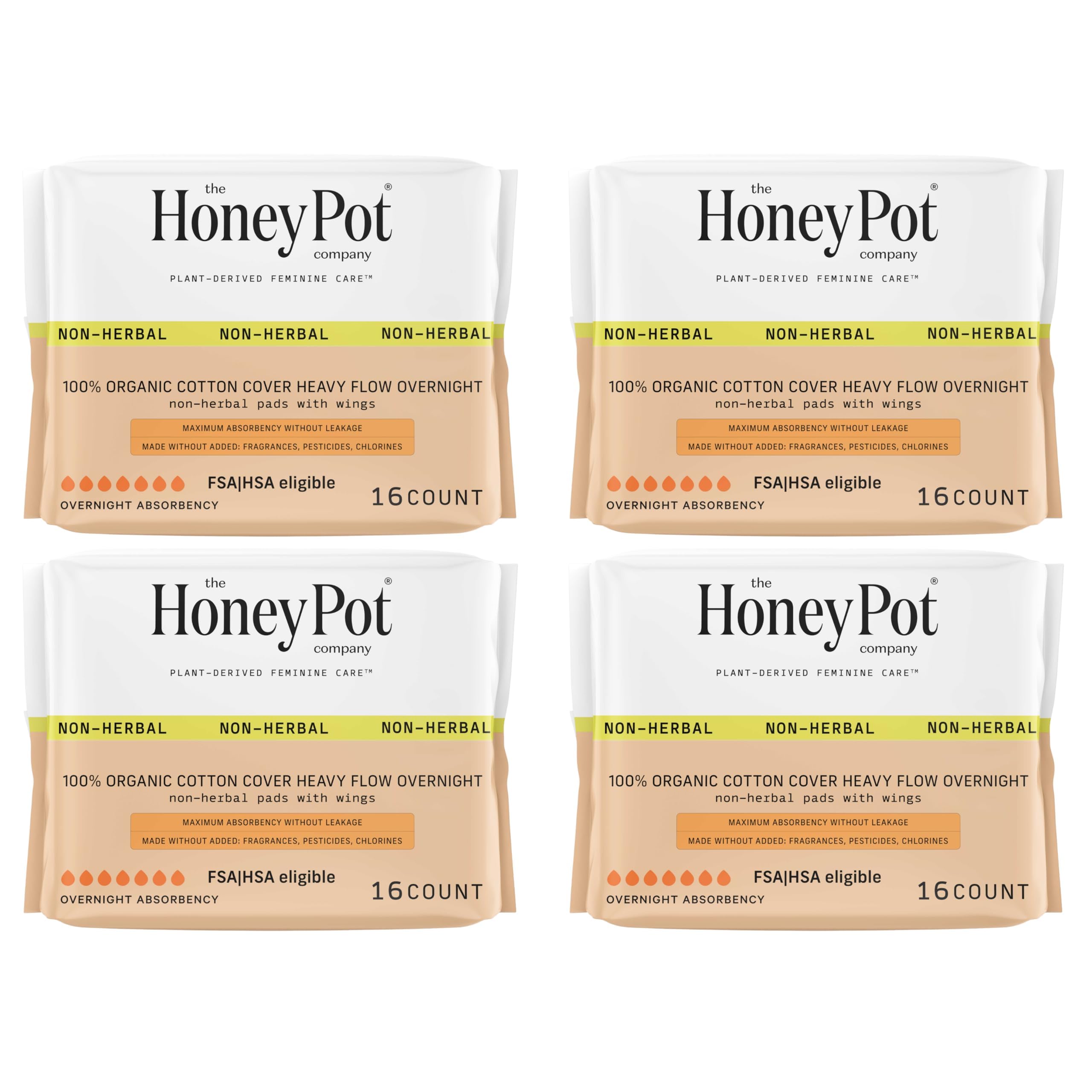 The Honey Pot Company64ct - Sanitary Pads for Women - Non-Herbal Heavy Overnight w/Wings - Organic Cotton Cover & Ultra-Absorbent Pulp Core - Feminine Care