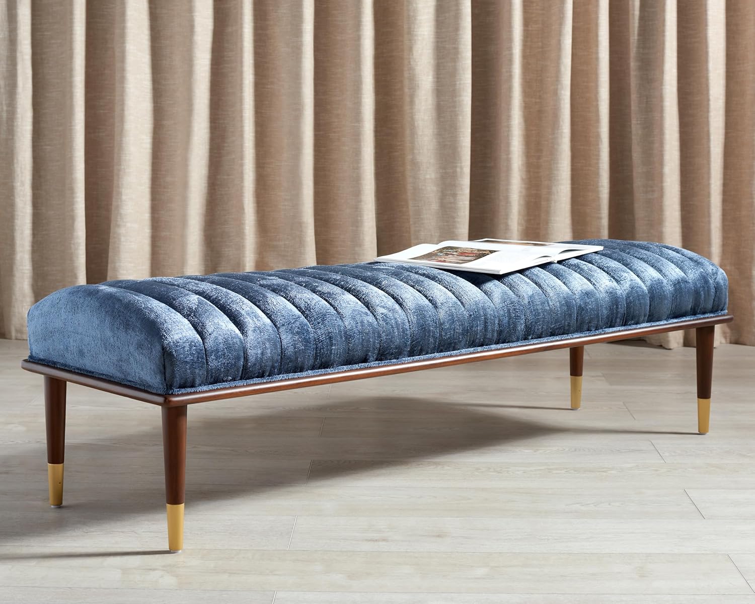 SAFAVIEH Couture Collection Flannery Mid-Century Dark Blue Velvet/Dark Mahogany Solid Wood Bench (Fully Assembled)