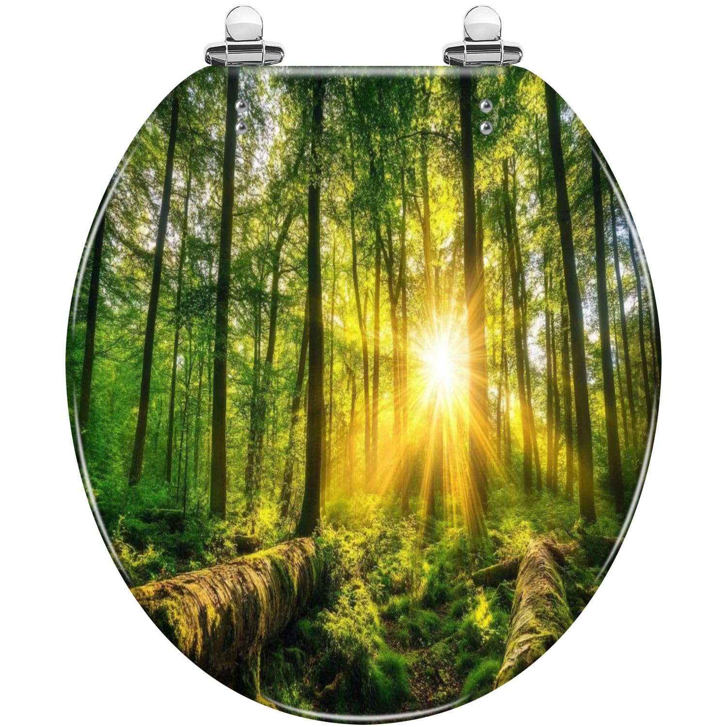 Tapa de asiento de inodoro redonda de resina de bosque verde, cierre lento y silencioso, bisagras de liberación rápida, fácil de limpiar e instalar, con parachoques