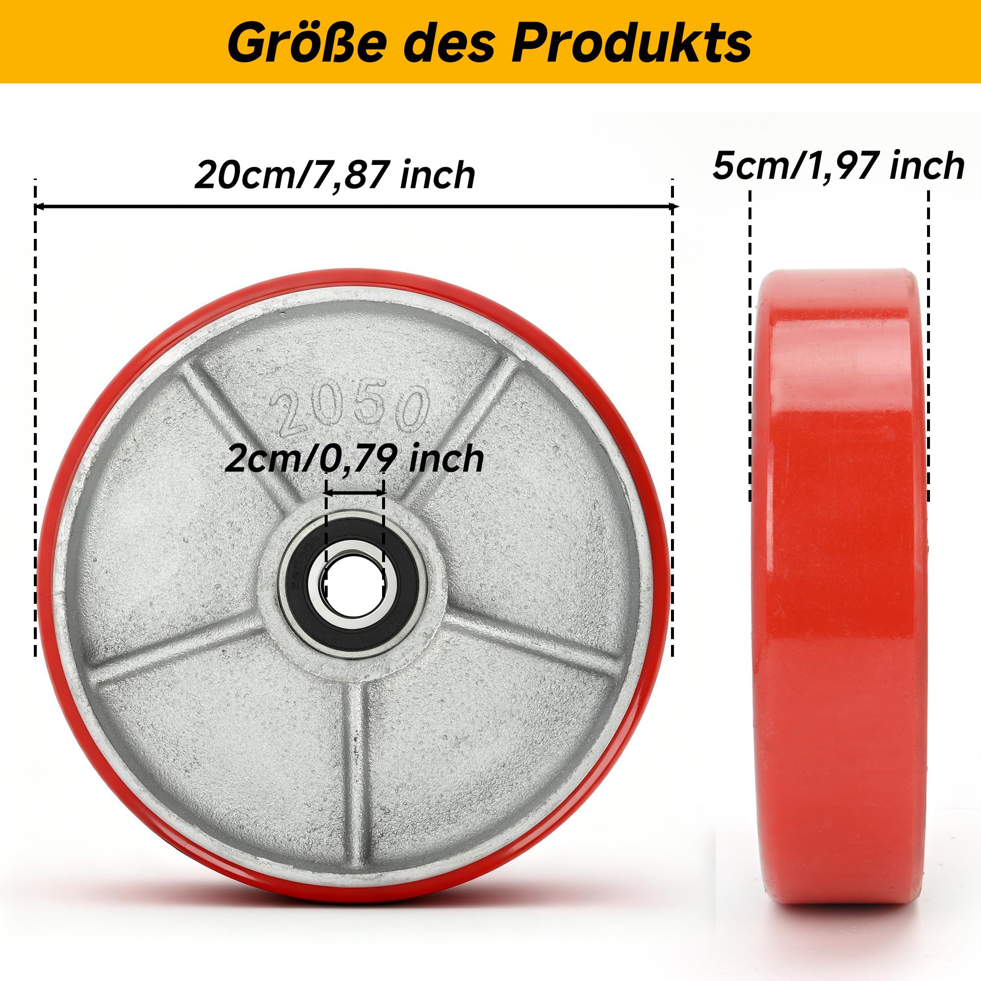 Lot de 2 roues de transpalette, Ø200 x 50 mm, roues de transpalette en polyuréthane, essieu de 20 mm, avec roulements à billes pour roues de rechange, roues de transpalette à palette pour