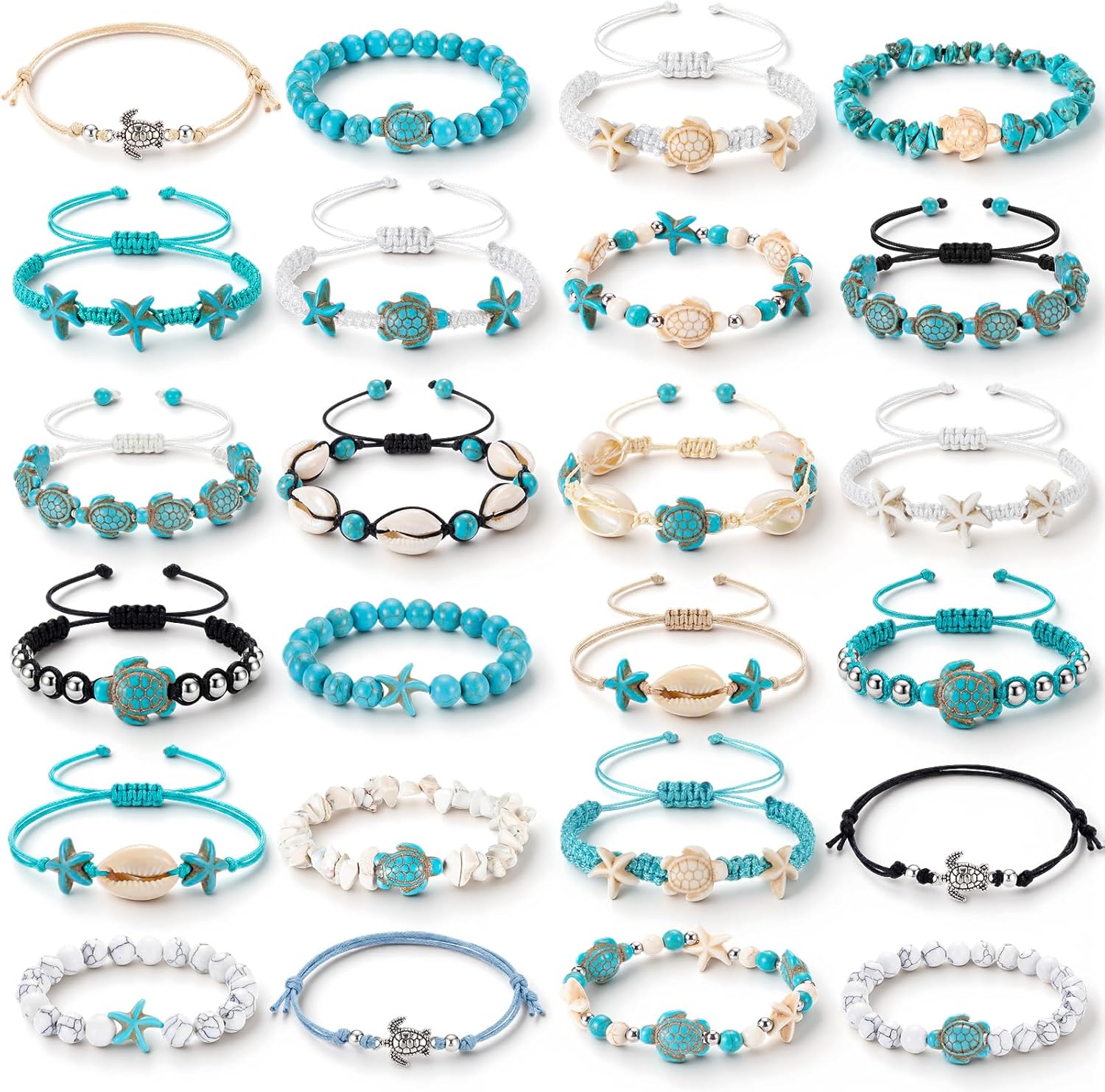 Liliaafar 24 Pcs Turtle Ankle Bracelets Bulk for Women Waterproof Handmade Starfish Shell Sea Turtle Boho Anklet Bracelet Adjustable Summer Beach Jewelry for Women Men Bahamas Souvenirs