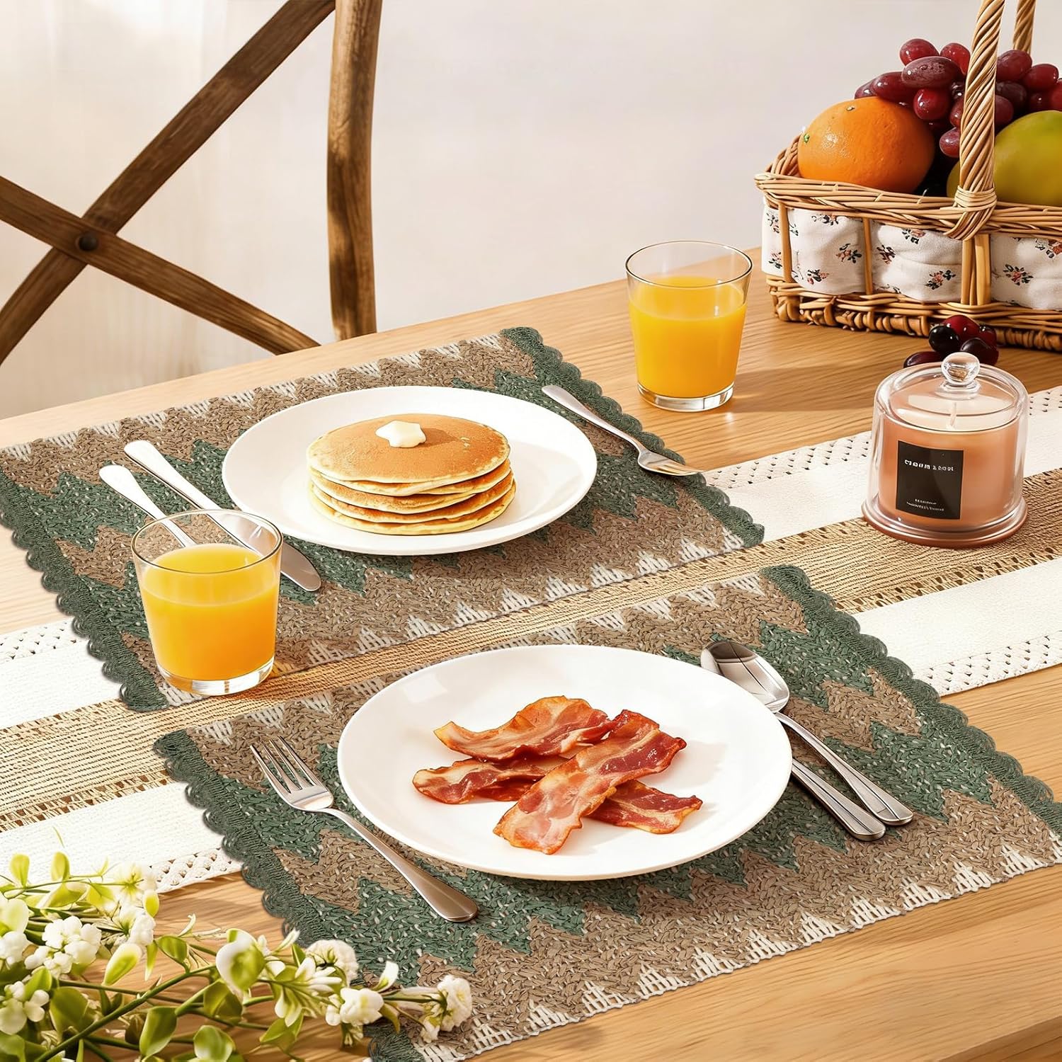 fanquare Green Rectangle Braided Placemats Set of 6, 12" x 18" Boho Woven Table Mats Scalloped Non-Slip Paper Mat for Dining Kitchen Decor