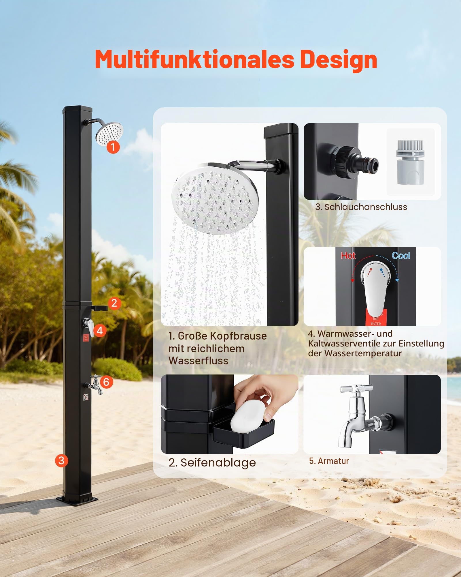 VEVOR Solardusche 35 L, Solar Gartendusche 2160 mm Hoch, Pooldusche mit Seifenablage, Warm- & Kaltwasserregulierung, Freistehend, Campingdusche für Garten, Poolbereich, Strandpool, Schwarz
