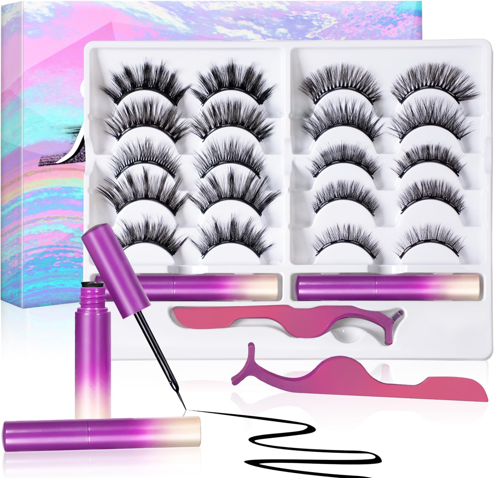 Eyelashes with Eyeliner, 10 Pairs 3D Natural Look