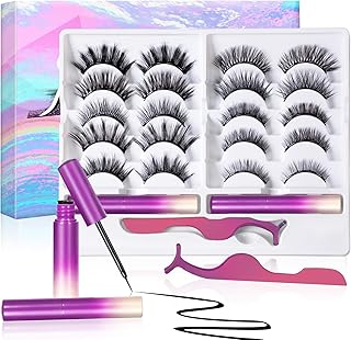 Magnetic Eyelashes with Eyeliner, 10 Pairs 3D Natural Look False Eyelashes, Magnetic Eyelashes and Eyeliner Kit, Reusable Magnetic Lashes with Eyeliner and Tweezers, No Glue