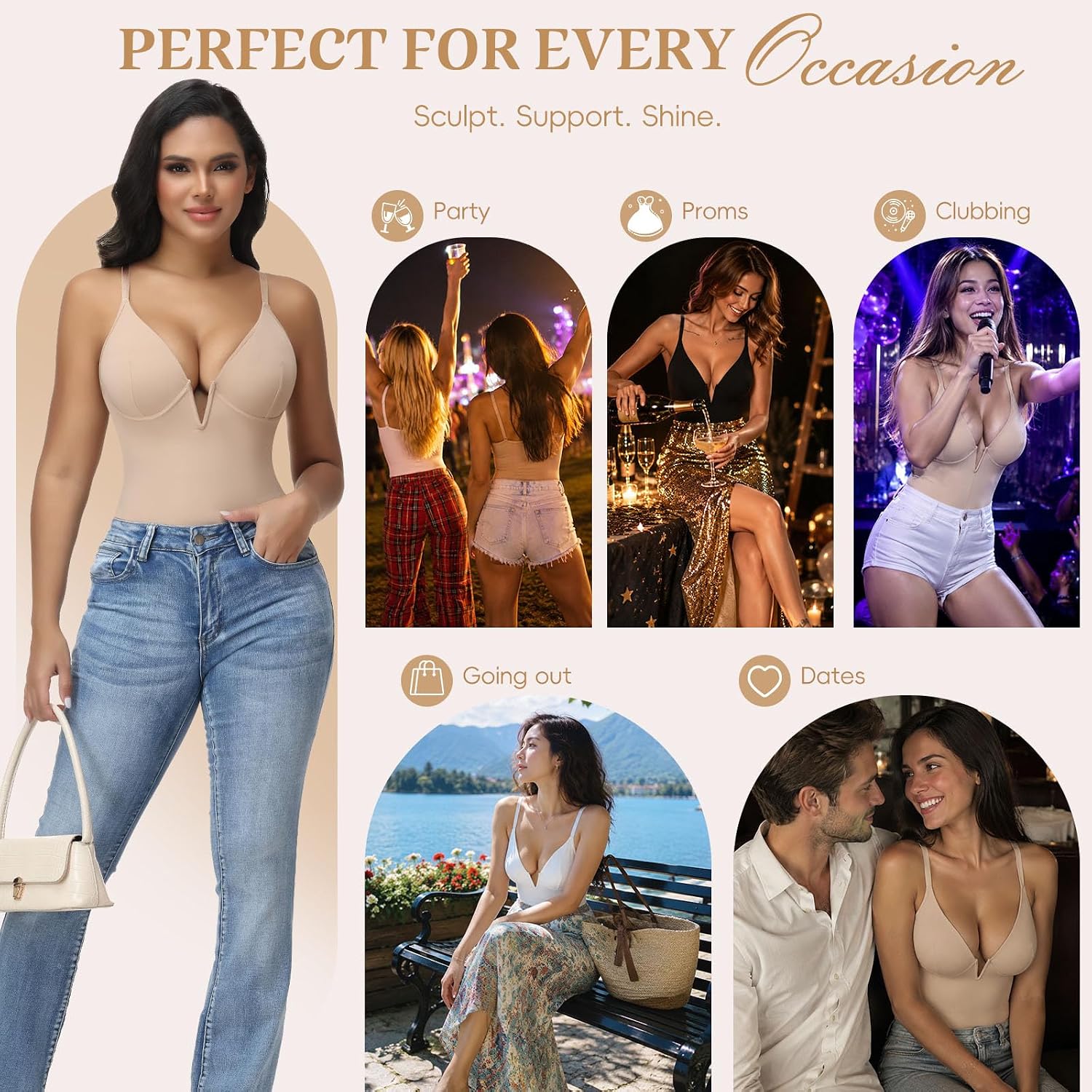 JOYSHAPER Body Shaper for Women Low Cut Body Suit V Neck Shapewear Bodysuit Plunge Shapewear Backless Bodysuits Girdles