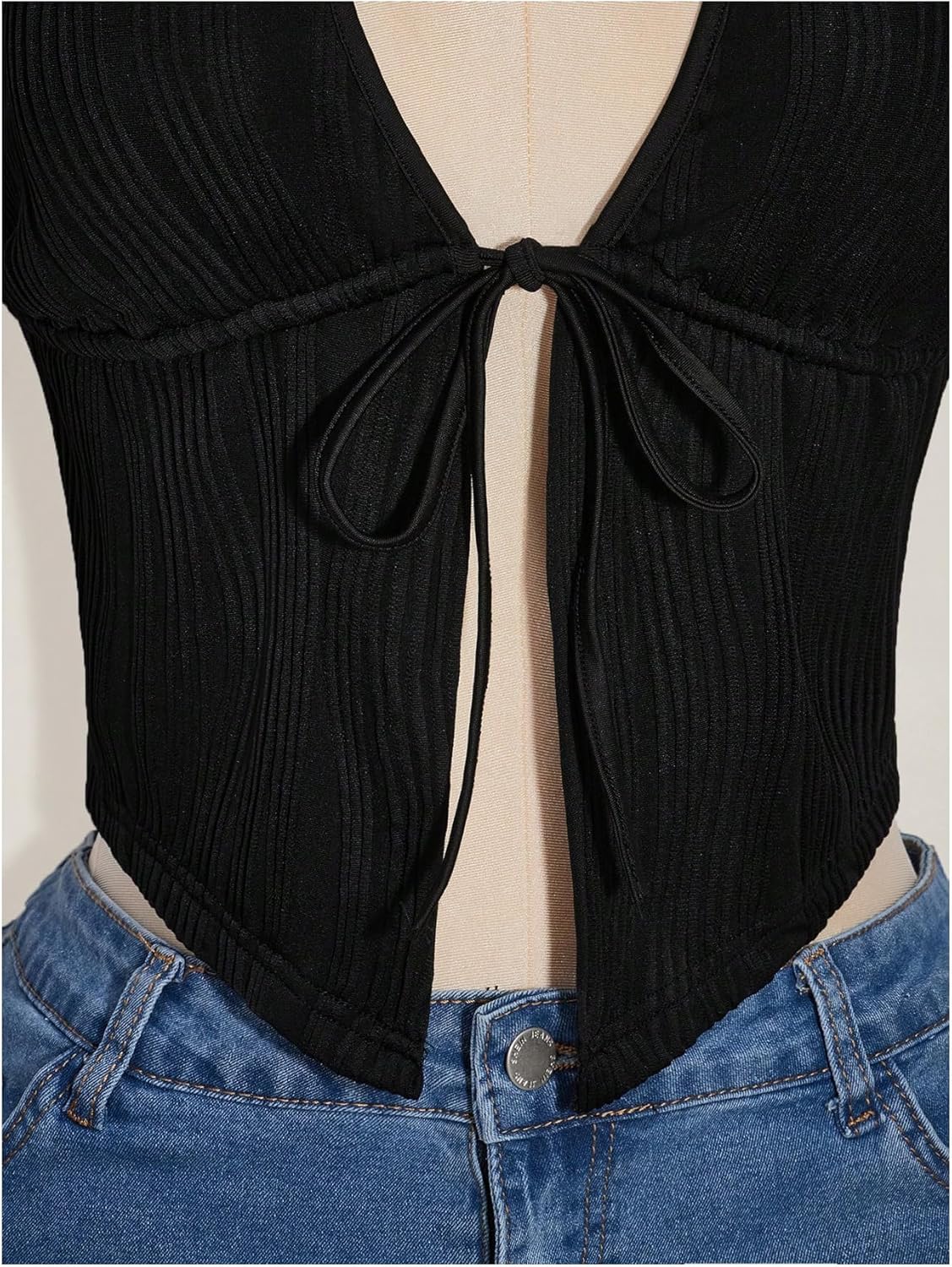 WDIRARA Women's Plus Size Deep V Neck Sleeveless Halter Top Y2k Tie Front Backless Tank Tops - Image 2