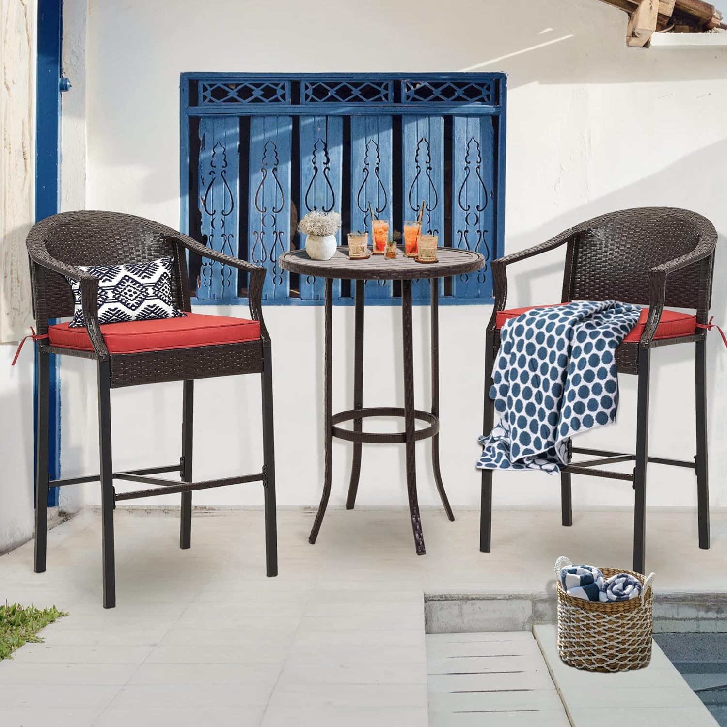 PORWEY 3 Piece Patio Bar Set, Outdoor Rattan Wicker Bar