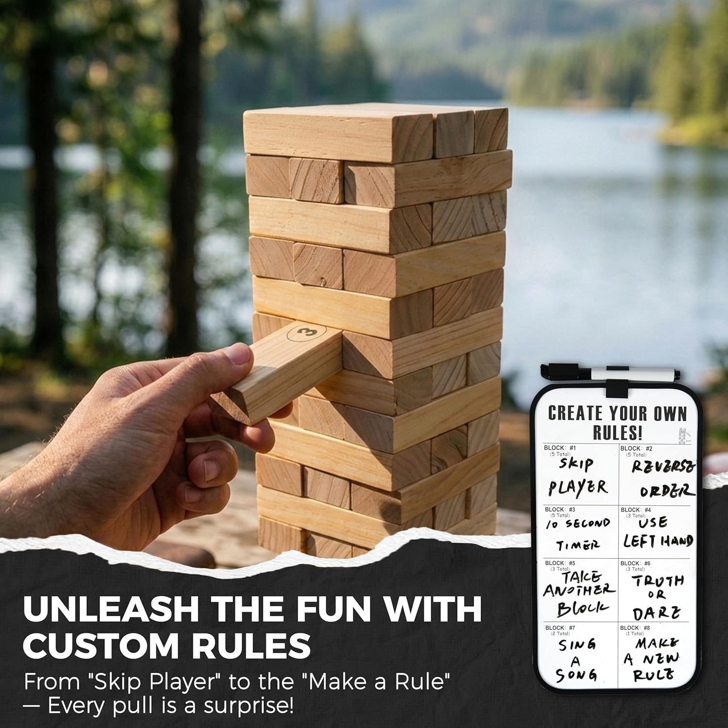 Outdoor Games Large Tower Stacking Game, 54 Wooden Blocks, Stack Up to 4 Ft Tall, Includes Carry Bag and Scoreboard, Backyard and Beach Lawn Yard Fun for Adults and Family