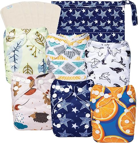 Miniatura 21 de babygoal - Pañales de tela reutilizables, paquete de 6 con 6 piezas de insertos de rayón de bambú y bolsa húmeda, pañal de bolsillo lavable para