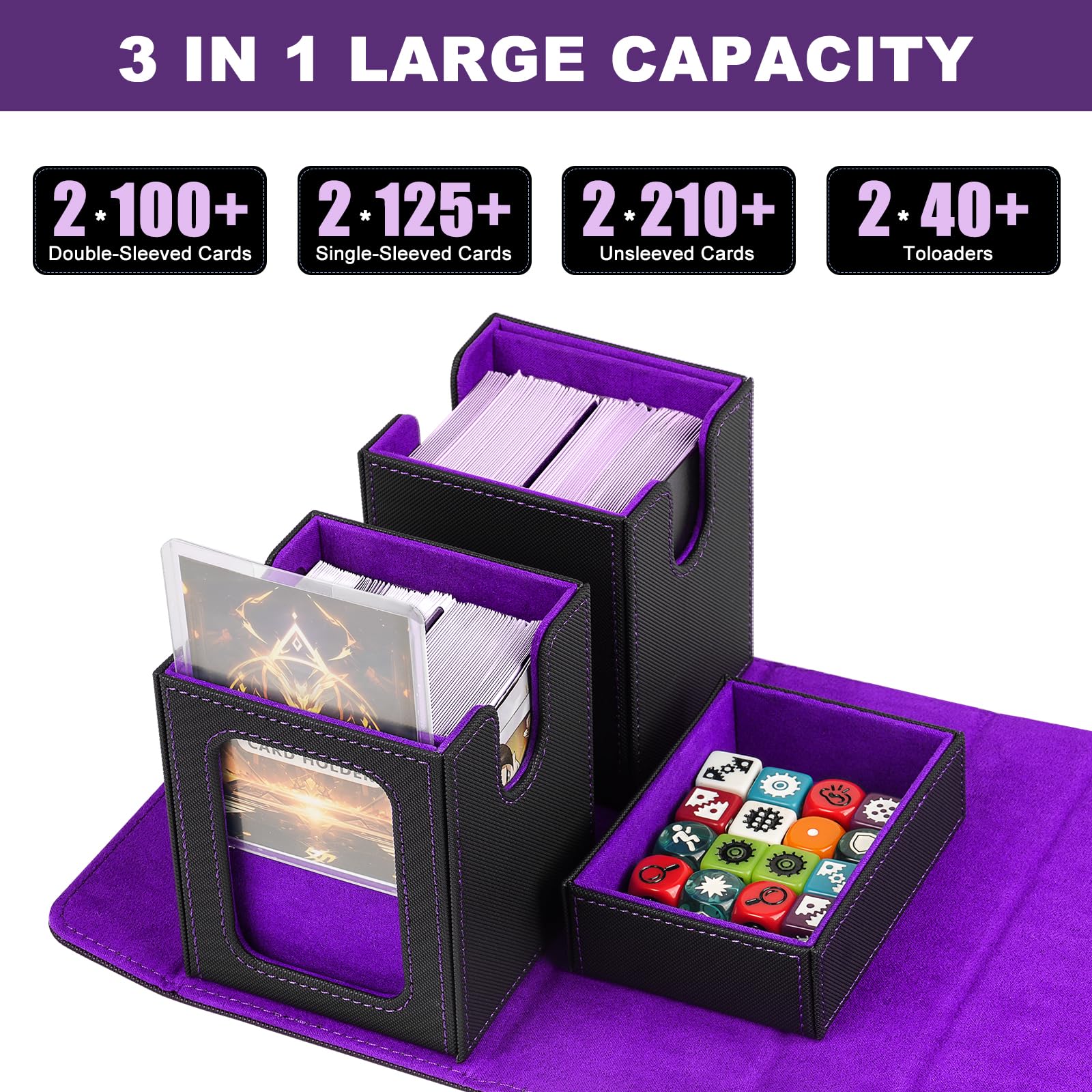 Deck Box MTG / TCG 3-en-1 – Boîte de Rangement Cartes 200+ Double Sleeves, 2 Deck Box avec Plateau à Dés et Fenêtre Commandant, Porte Cartes à Collectionner en Cuir PU Magnétique, noir et violet