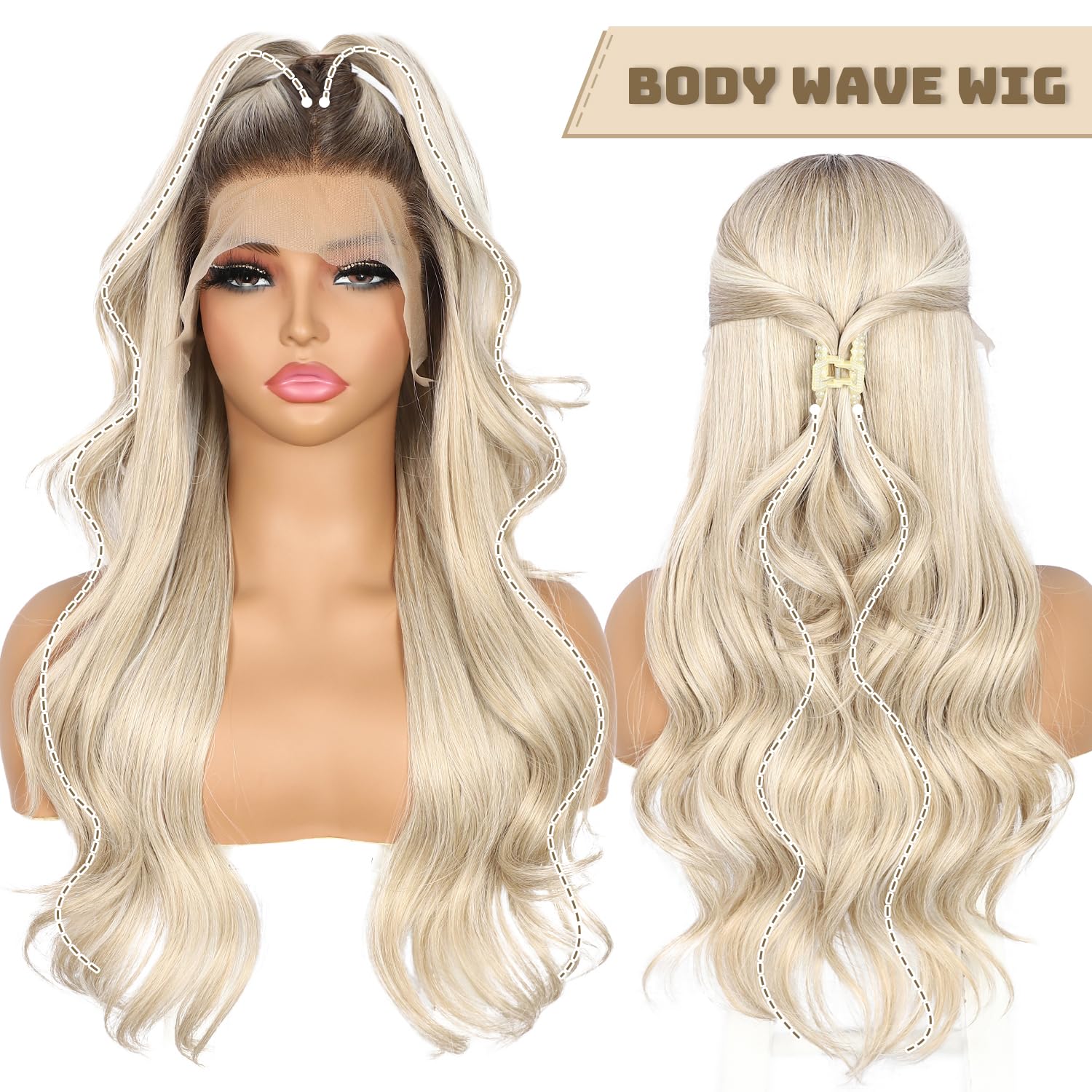 Blonde Lace Front Wig 13x4 Pre Plucked Synthetic Wig for Women Highlight 150% Density Natural Looking Body Wave with Dark Roots 22 Inch for Cosplay Daily Party Use