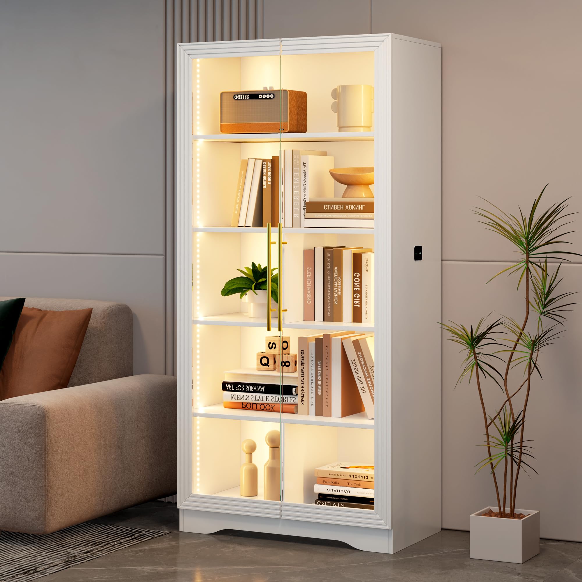 LVSOMT Glasvitrine mit LED Beleuchtung und Glastüren, Moderner Vitrinenschrank mit Intelligente Sensor, 5-Lagen Glasvitrine Vitrinenschrank für Sammlerstücke, Figuren für Wohnzimmer Schlafzimmer, Weiß