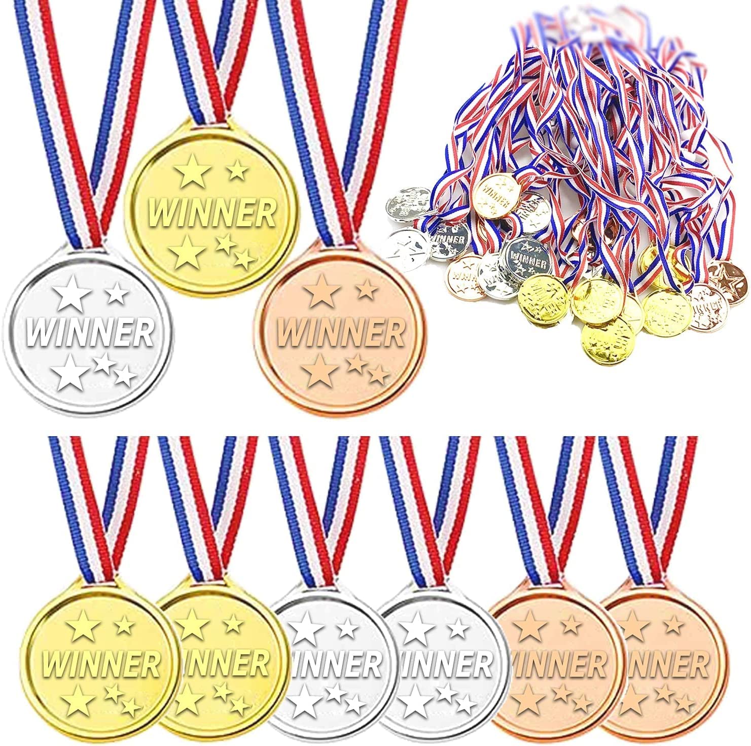 ViiTang36 pcs Gold Silver Bronze Medal Plastic Winner Medals with Neck Ribbon 1st 2nd 3rd Place Medals for Kids Competitions, Party, Decoration