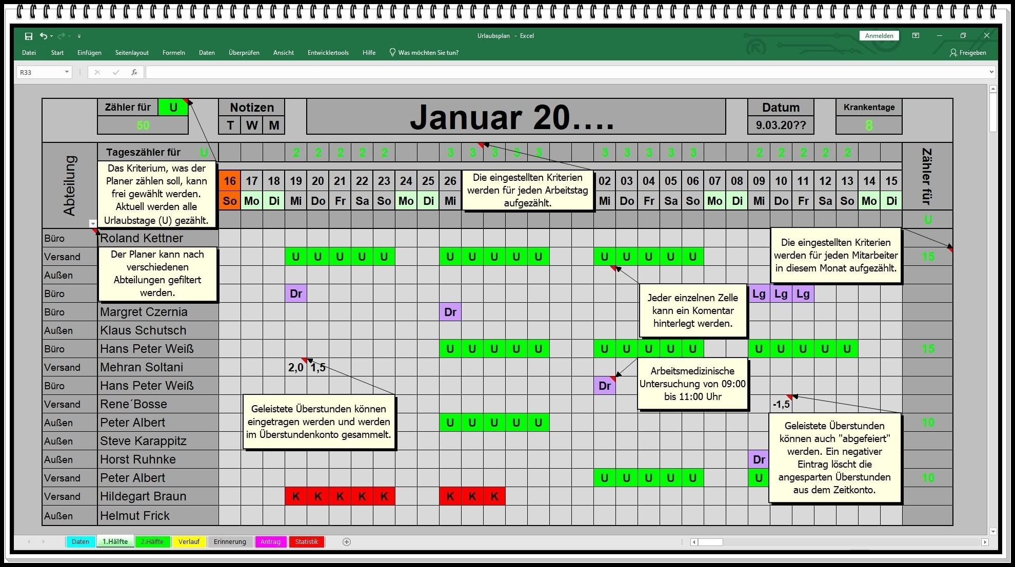 Excel Urlaubsplaner 2026 2027 u.s.w. digitaler Urlaubskalender Personalplaner Dienstplaner Urlaubsplan mit Statistik Jahresübersicht Urlaubsantrag | Urlaub, Krankheit und Überstunden übersichtlich planen und automatisch auswerten.