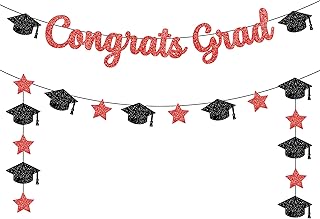 Congrats Grad Banner, Glitter - 10 Feet with Cap Garland, No DIY | Graduation Banner, Red and Black Graduation Decorations | Red and Black Graduation Party Decorations 2023 | Congratulations Banner