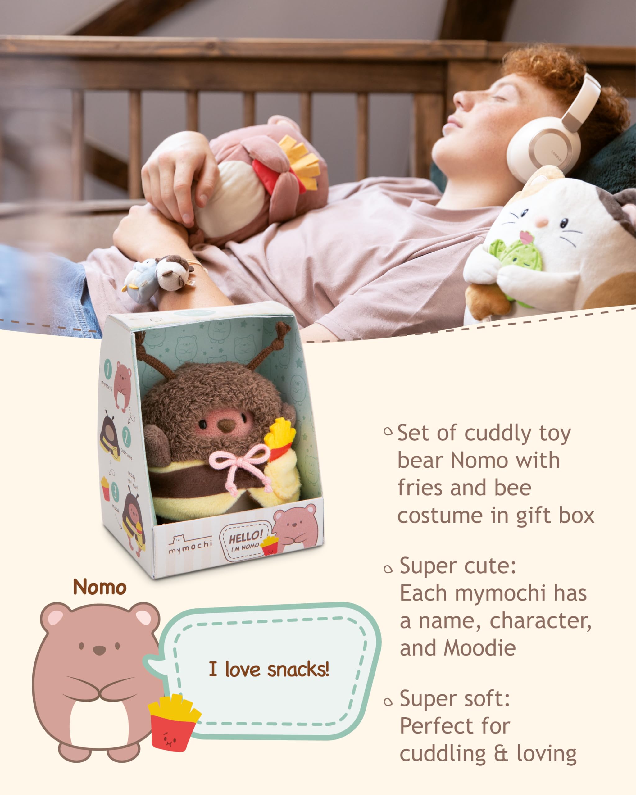 NICI soft toy bear Nomo 8cm with french fries and bee costume in gift box 8,5x6,5x10cm brown - Image 3