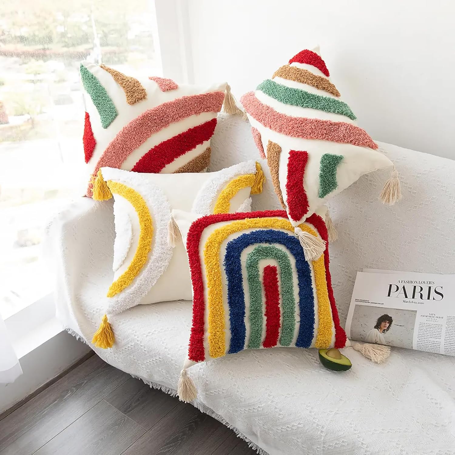 Archie & Pixie Set of 2 Tufted Throw Pillow Cushion Covers with Fringed Tassels 18" X 18" (Abstract Rainbow & Mint Green Checkered Pattern)
