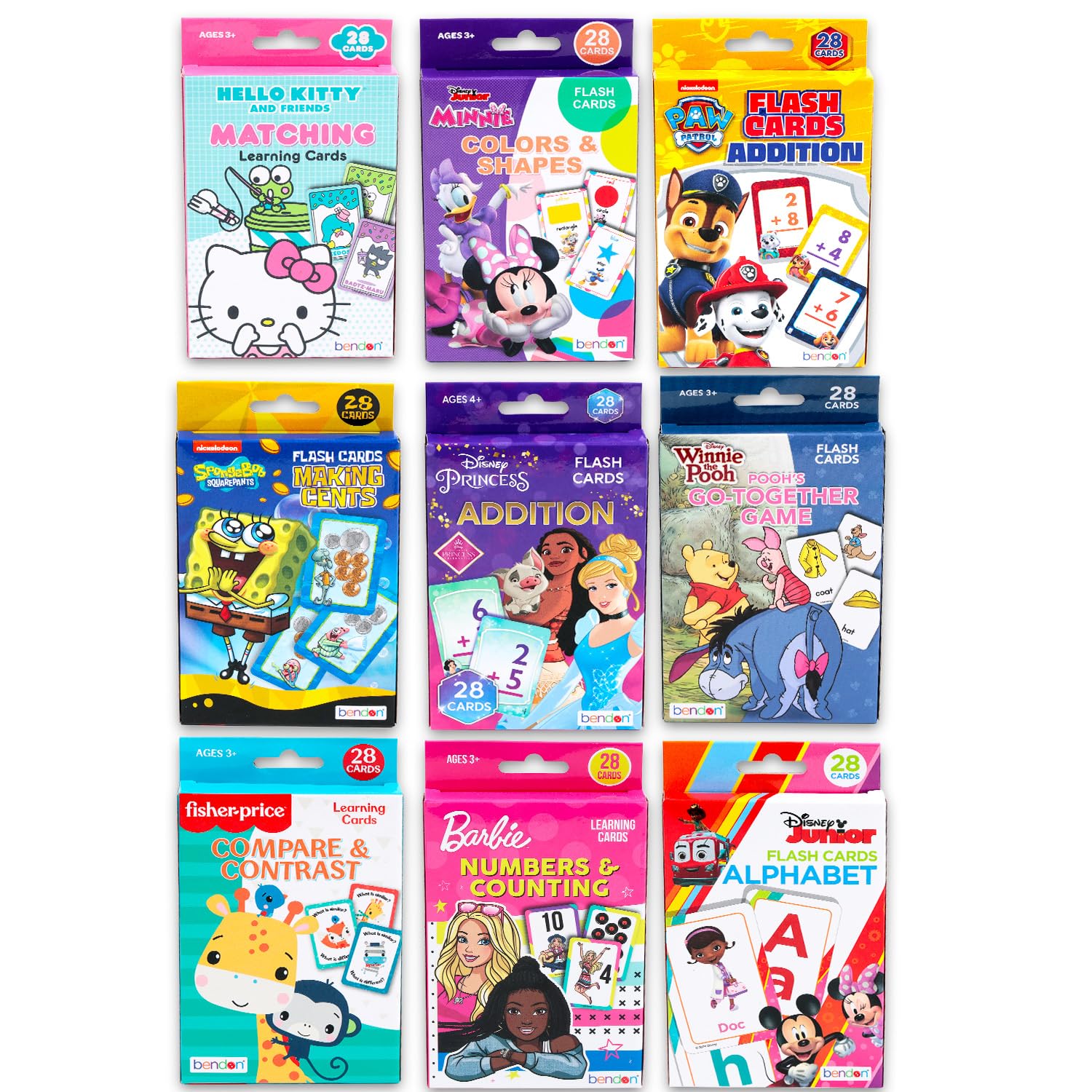Cartes flash sous licence en vrac pour tout-petits – 9 paquets de cartes flash d'apprentissage avec Hello Kitty, Paw Patrol, Bob l'éponge, Disney Princess, plus | Apprentissage préscolaire à la
