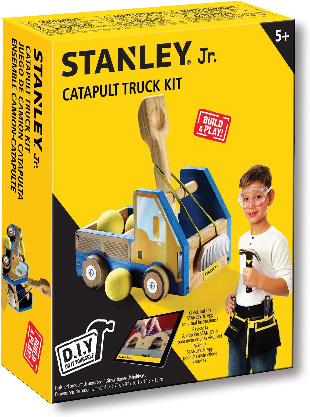 STANLEY Jr. DIY Truck Catapult Building Kit for Kids: Children’s Yellow Wood Construction Toy Beginning Woodworking Set with Paints Ages 5-12