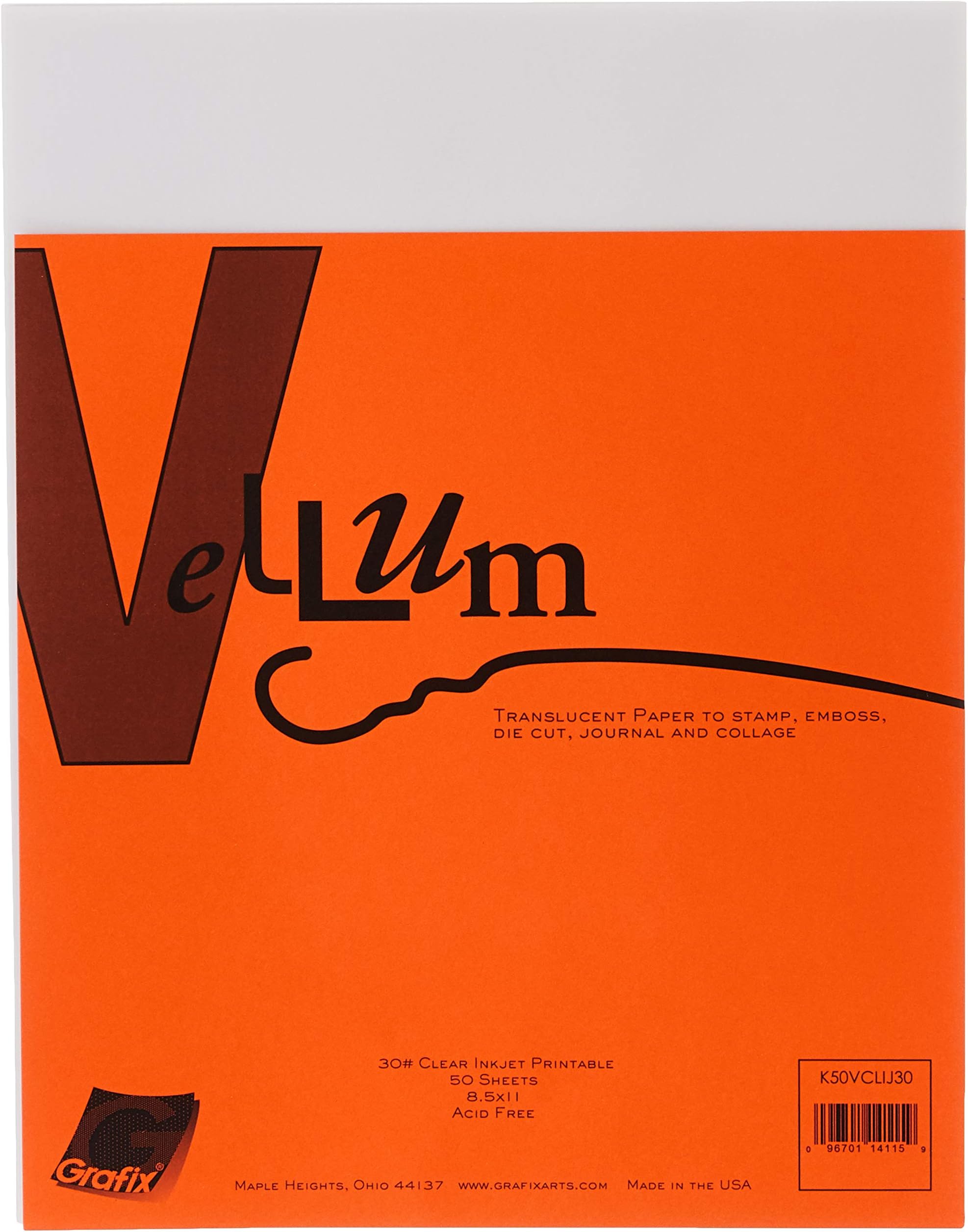 GRAFIX 30-Pound 8-1/2-Inch by 11-Inch Vellum Inkjet Printable, 50-Pack, Clear