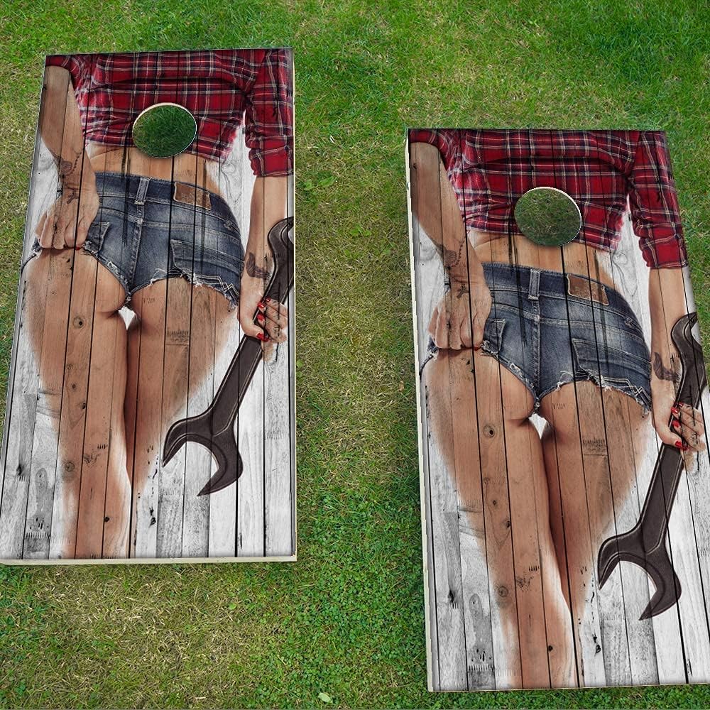 Skin Decals Vinyl Wrap for Cornhole Game Board Bag Toss (4 pcs.) Includes Dry Erase Marker and Scoreboard | Female Mechanic