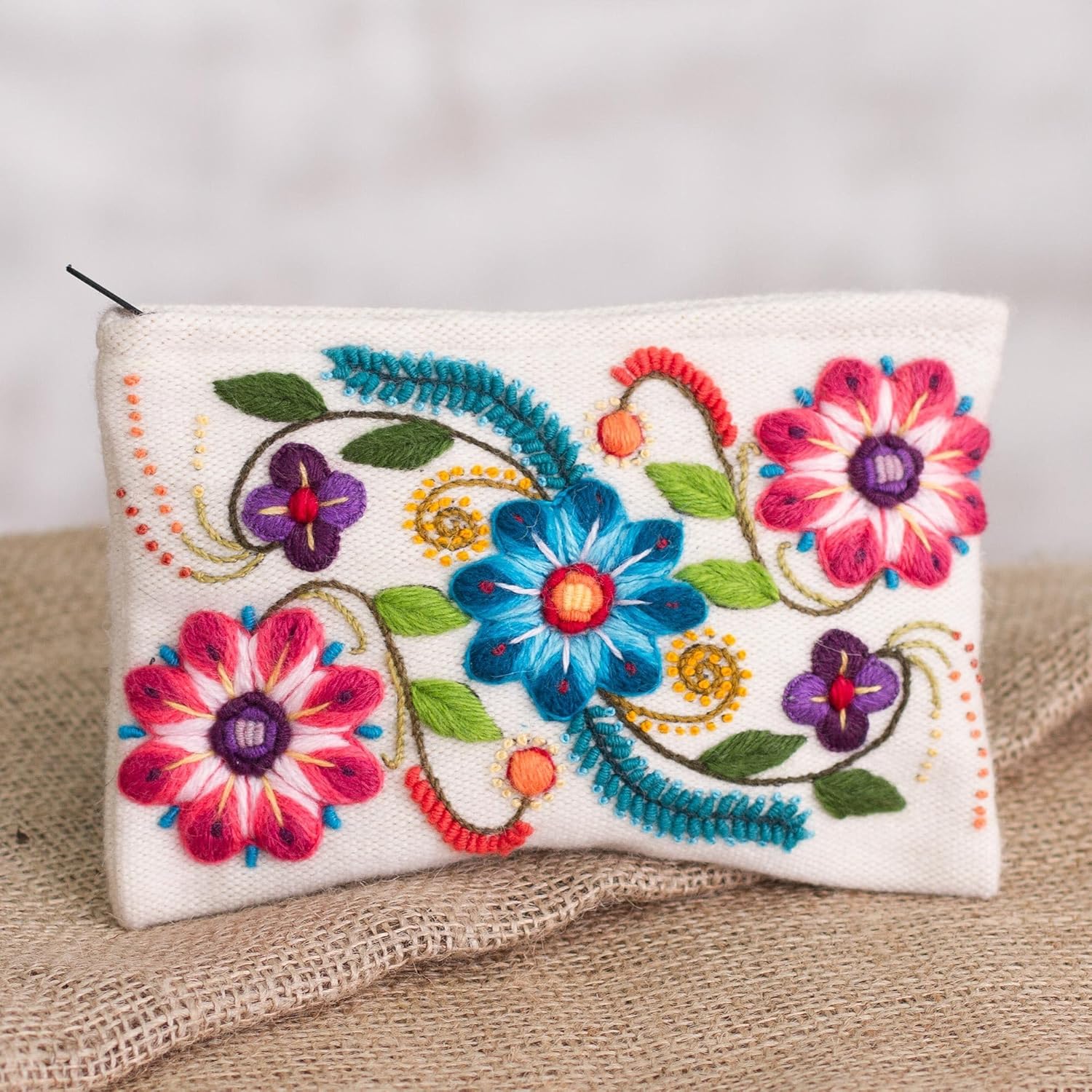 NOVICA Artisan Hand Embroidered Alpaca Blend Clutch Floral in Eggshell from Peru Wool Multicolor White 'Vibrant Flowers'