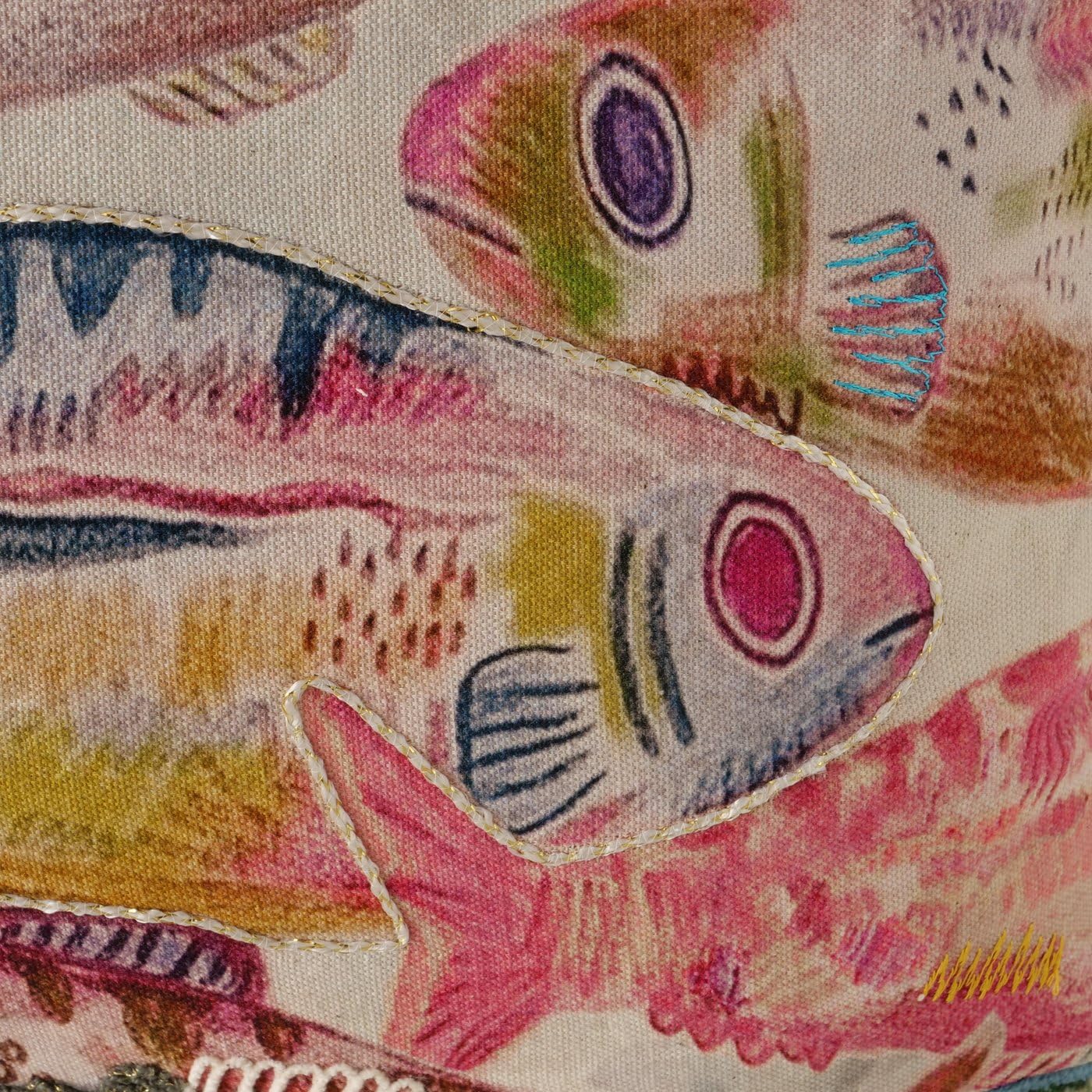 MF Marina Fino Dekokissen mit Fischmotiv, Rechteckig, Baumwolle Handgewebt, Blau Pink Cremeweiß, 60x40 cm, Abnehmbarer Bezug mit Reißverschluss Fischschwarm Fische