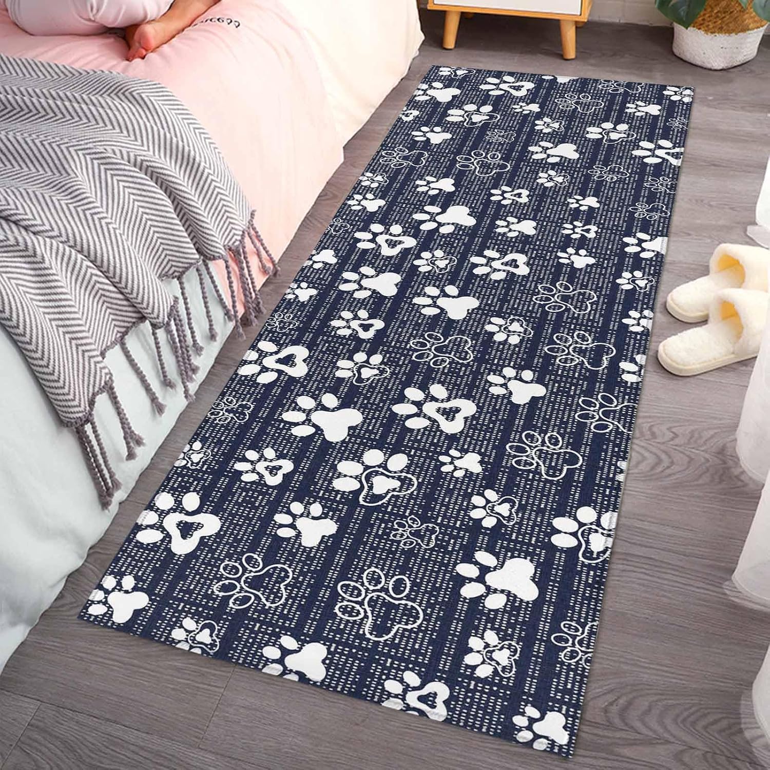 Teamery Kitchen Mats for Floor Dark Blue White Dog Paw Washable Non Slip Kitchen Rugs 1PCS, Cartoon Prints Seamless Absorbent Standing Mats for Sink Bathroom Office Living Room 23.6x70.9in