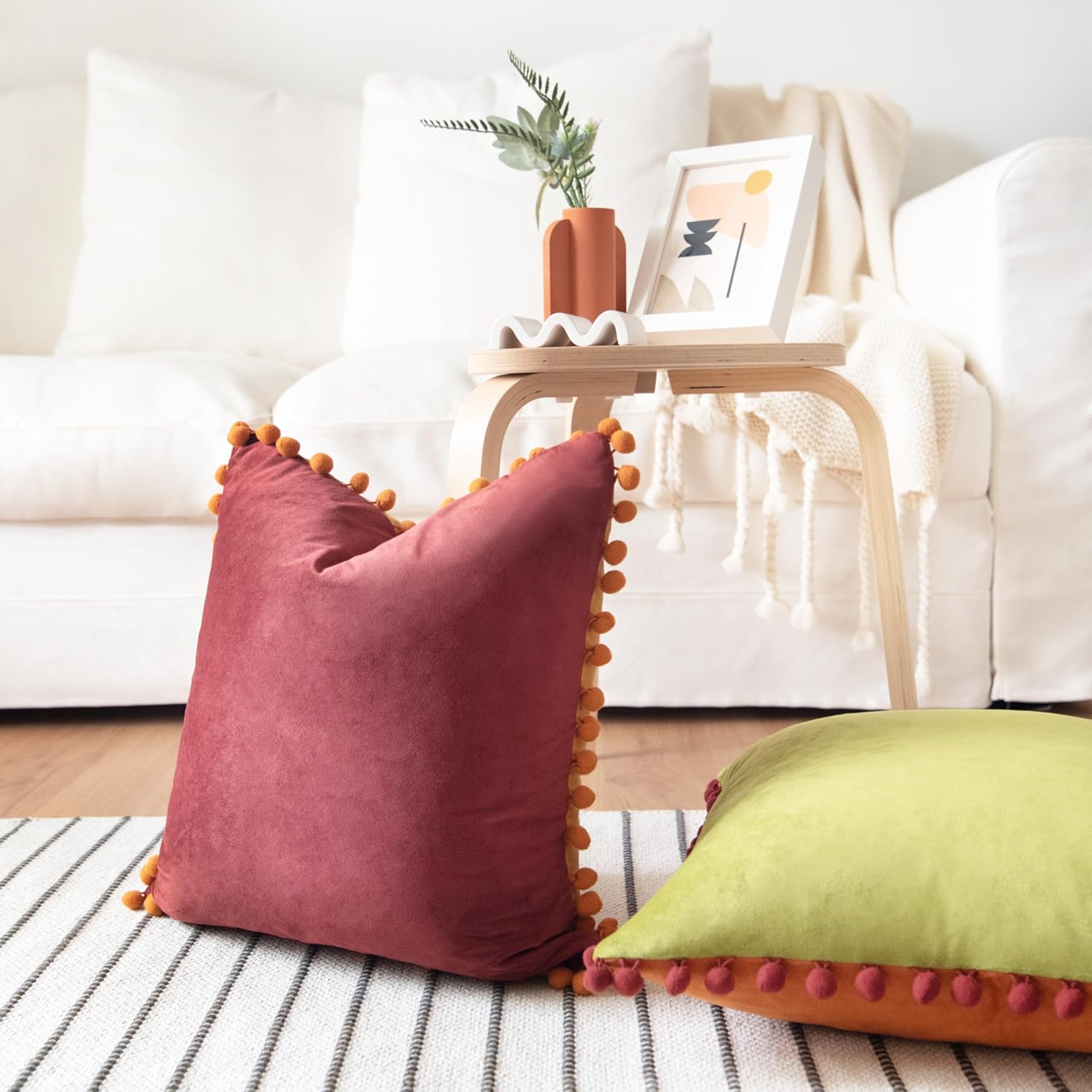 MONDAY MOOSE Decorative Throw Pillow Covers Cushion Cases, Set of 2 Soft Velvet Pom Poms Double-Sided Designs, Mix and Match for Home Decor, Pillow Inserts Not Included (20x20 inch, Yellow/Green)