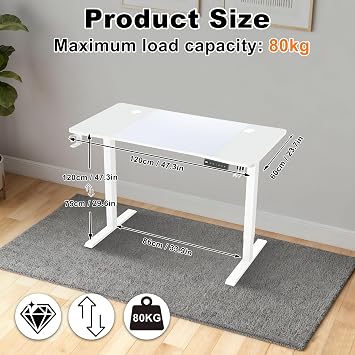 Electric Standing Desk 120x60cm Computer Desk Height Adjustable 3 Memory Heights Office Desk with Cup & Headphone holder, Type C Charge Sit Standfor Table for Home Office, White