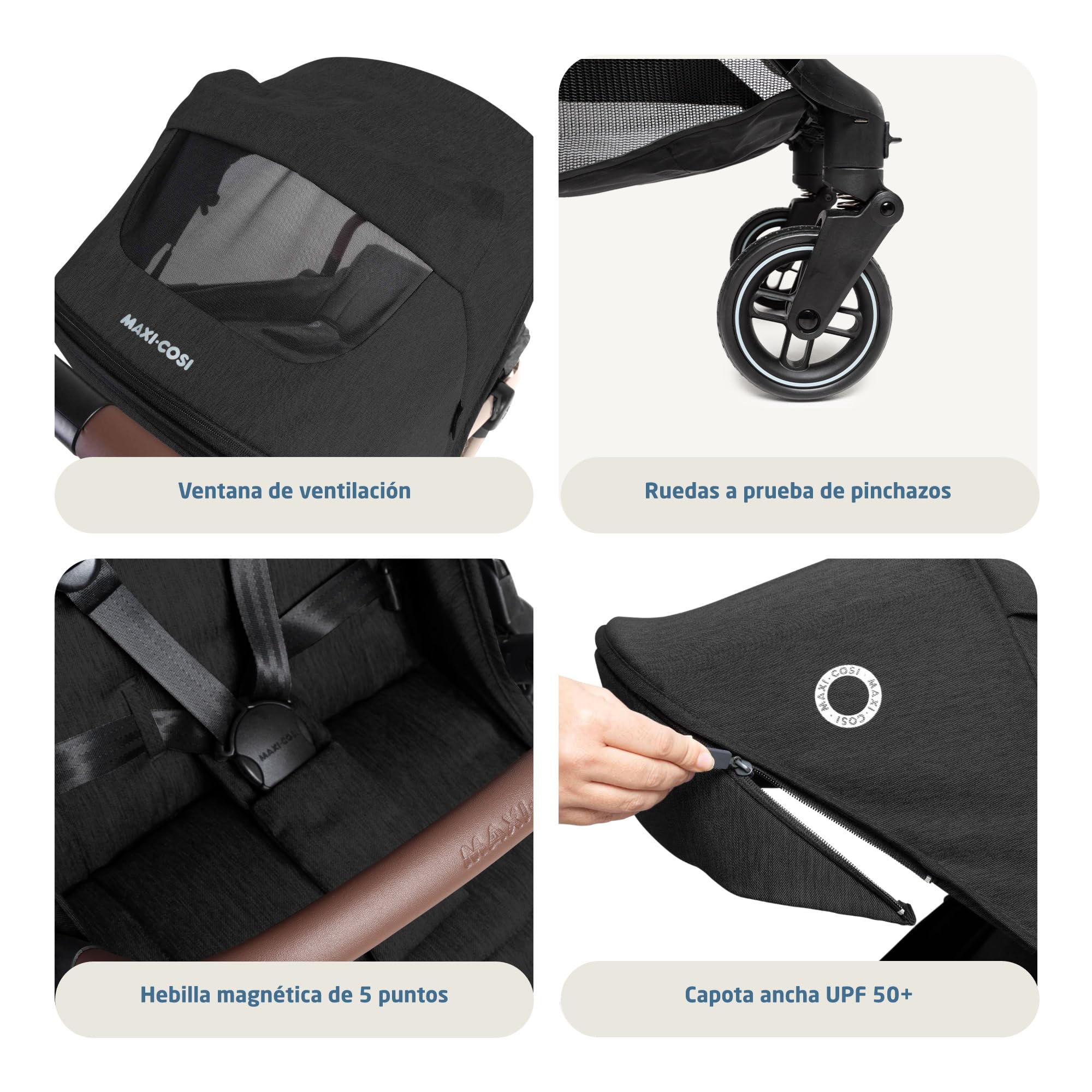 Maxi-Cosi Eva3 Cochecito, 0-4 años, 0-22 kg, silla paseo bebé, cochecito ligero y compacto, posición totalmente reclinada, plegado automático con una mano, Essential Black Champagne