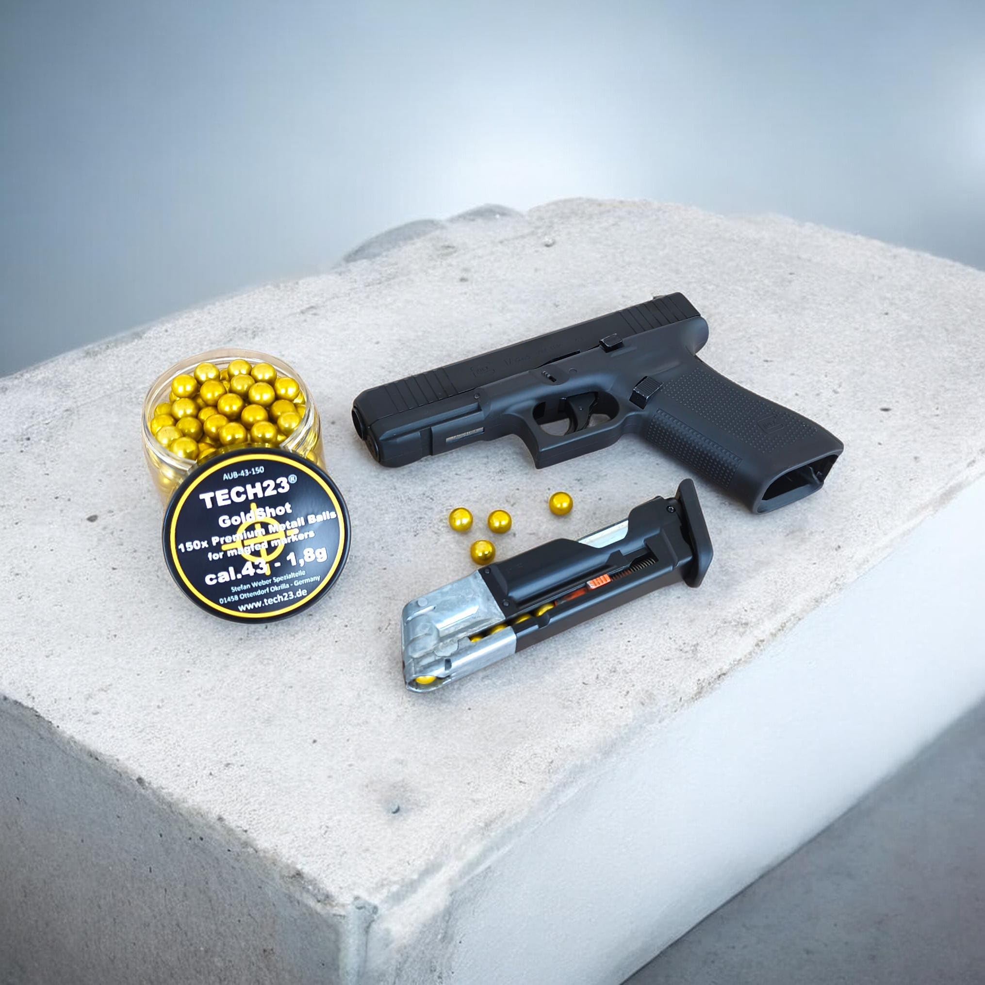 Tech23 GoldShot Cal.43 – 150 Präzisions-Alukugeln (1,8g) – Besser als Stahlkugeln - für T4E Glock 17, Walther PDP, PPQ M2, SFP9 – Harteloxierte Spezial-Kugeln für Kaliber 43