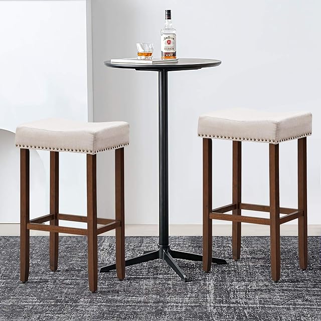 TANGZON Set of 2 Bar Stools, Counter Breakfast Seat with Cushion and Footrest, Wooden High Bar Chairs for Living Room, Pub and Kitchen (Beige)