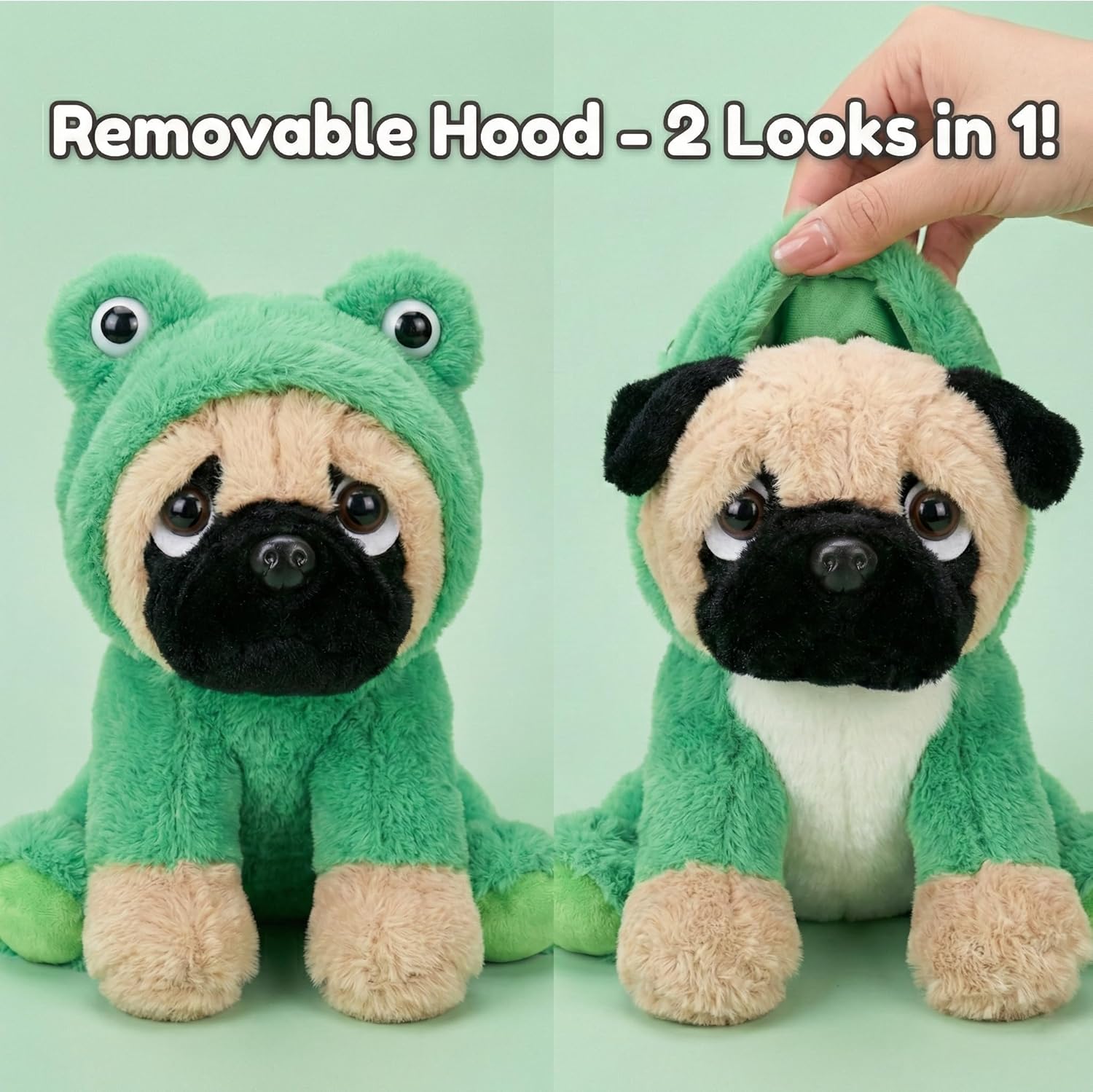 Frog Pug Stuffed Animal 10 Inch, Soft Plush Dog Toy with Adjustable Hood, Ugly Cute Puppy Figure for Kids Girls Boys, Green Froggy Bedtime Companion & Birthday Gifts for Pug Lovers